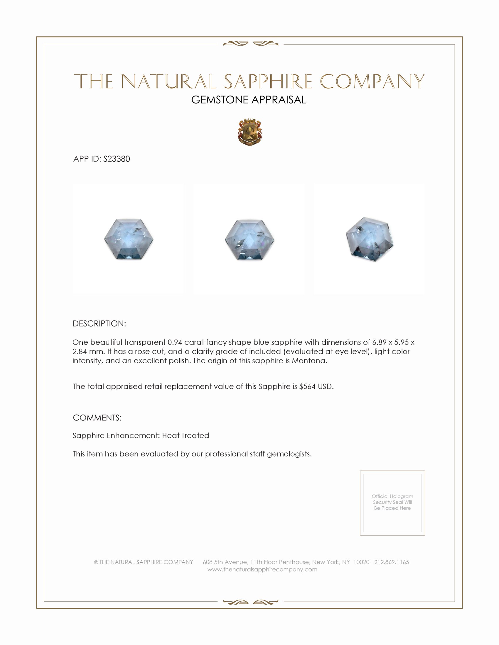 0.94 Ct. Blue Sapphire from Montana