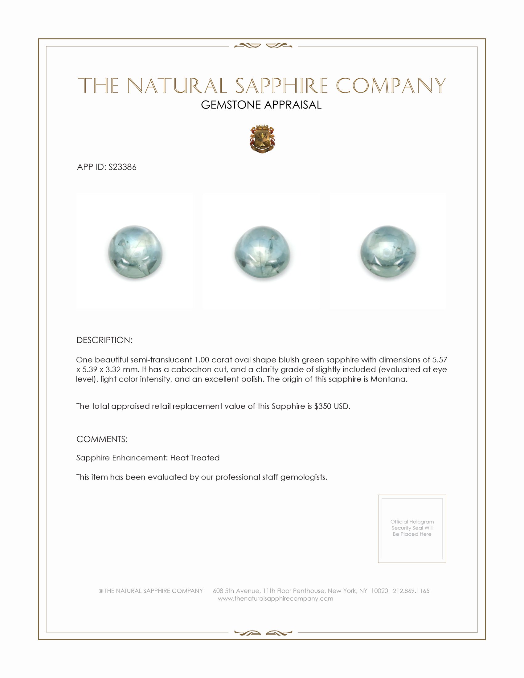 1.00 Ct. Bluish Green Cabochon Sapphire from Montana