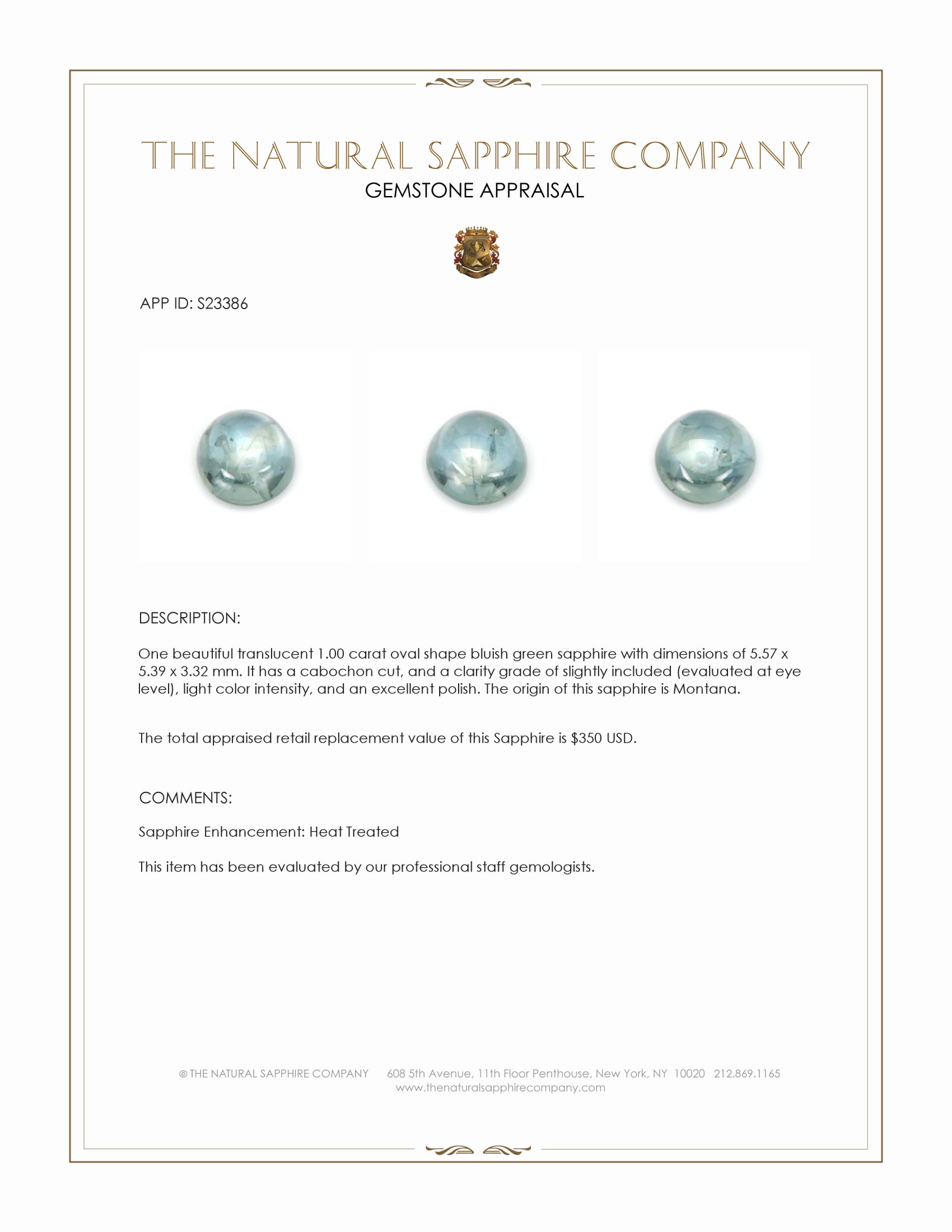 1.00 Ct. Bluish Green Cabochon Sapphire from Montana