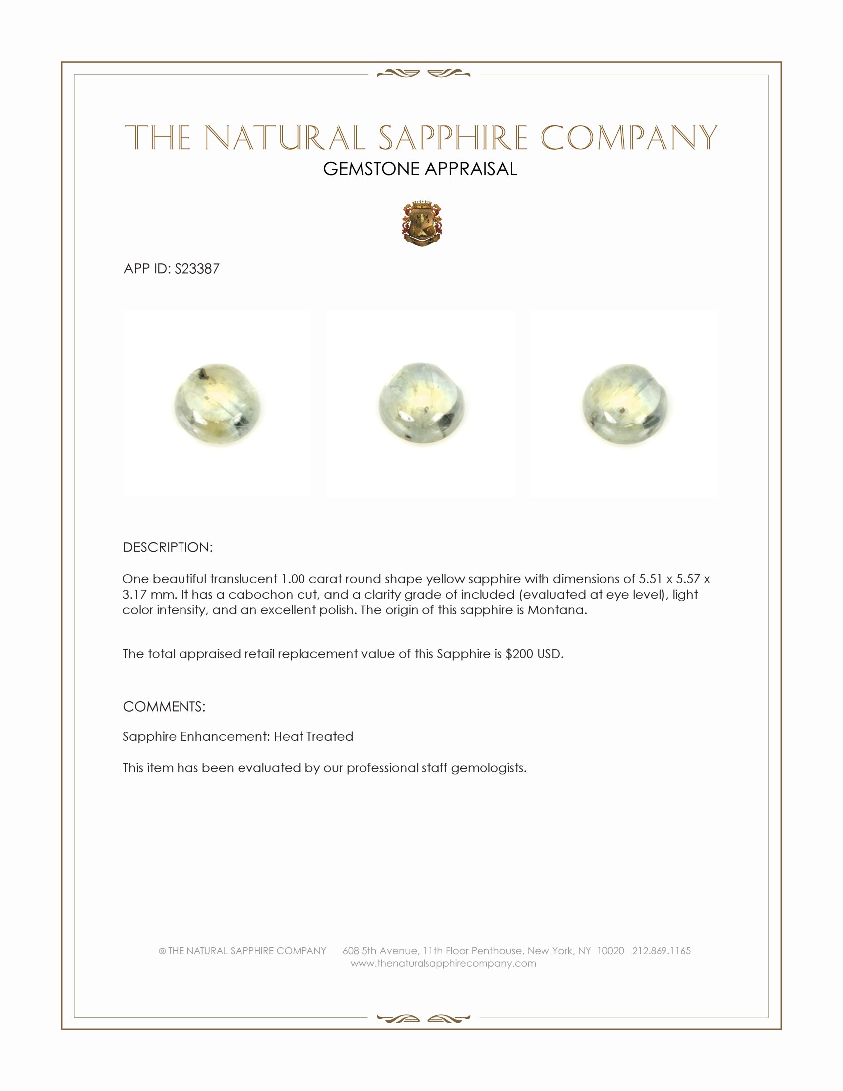 1.00 Ct. Yellow Cabochon Sapphire from Montana