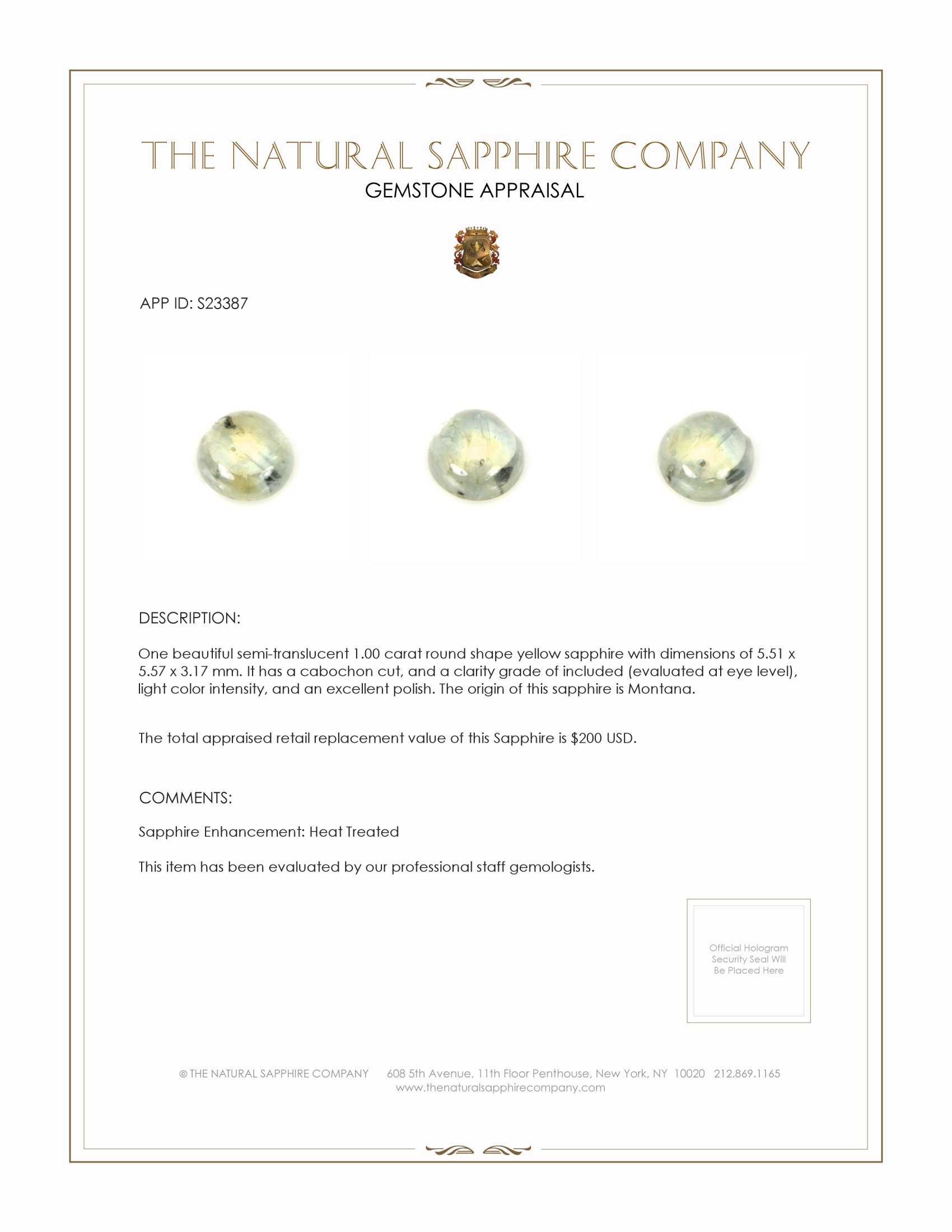 1.00 Ct. Yellow Cabochon Sapphire from Montana