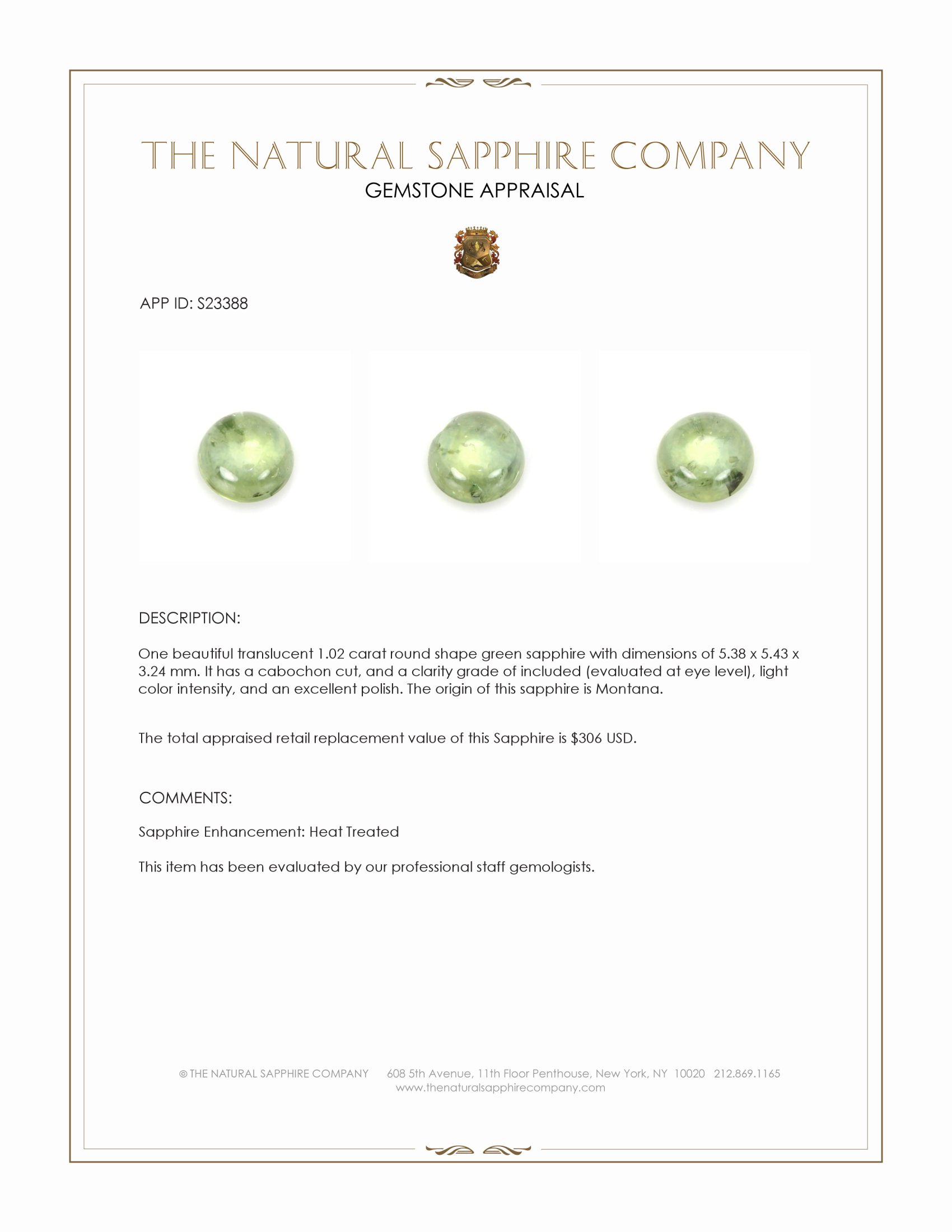 1.02 Ct. Green Cabochon Sapphire from Montana