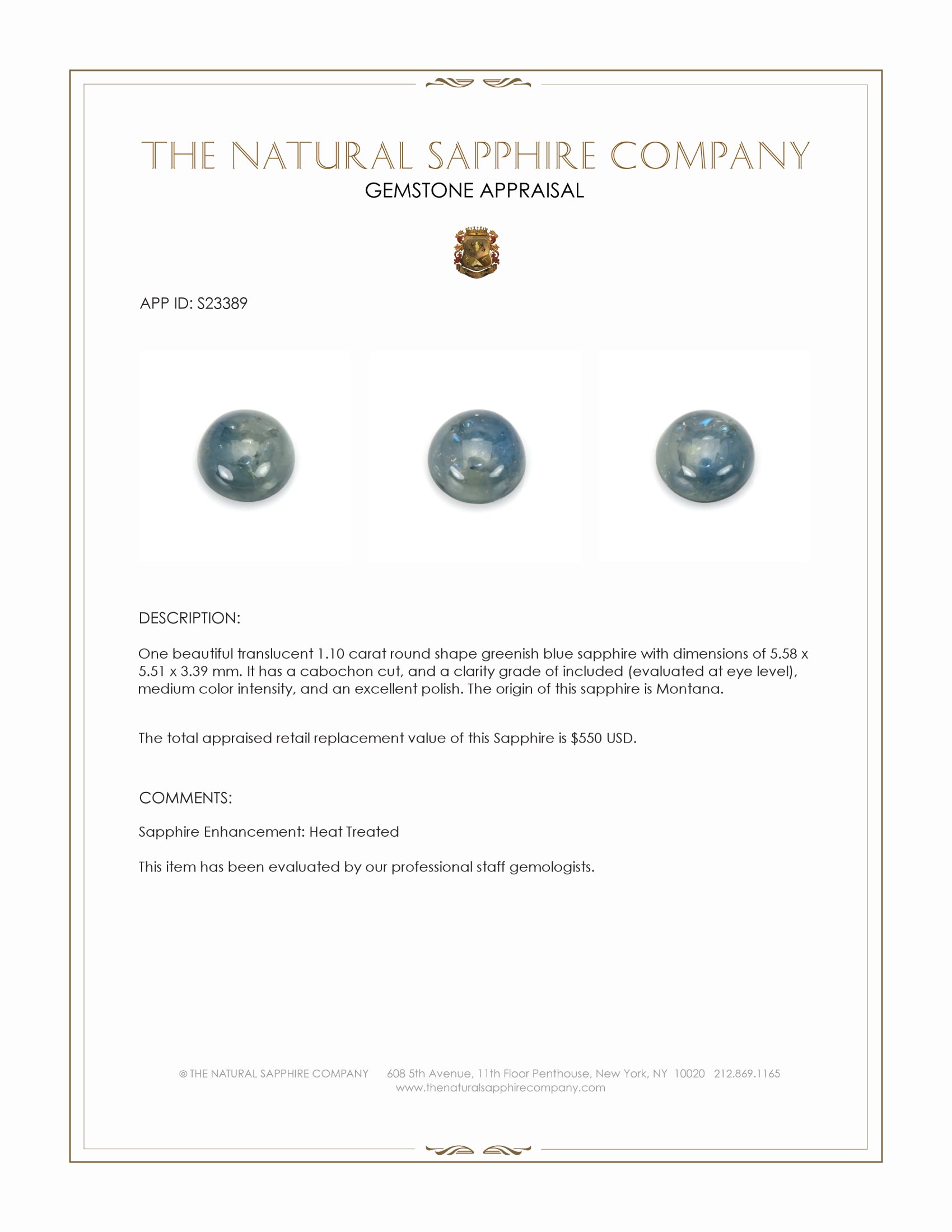 1.10 Ct. Greenish Blue Cabochon Sapphire from Montana