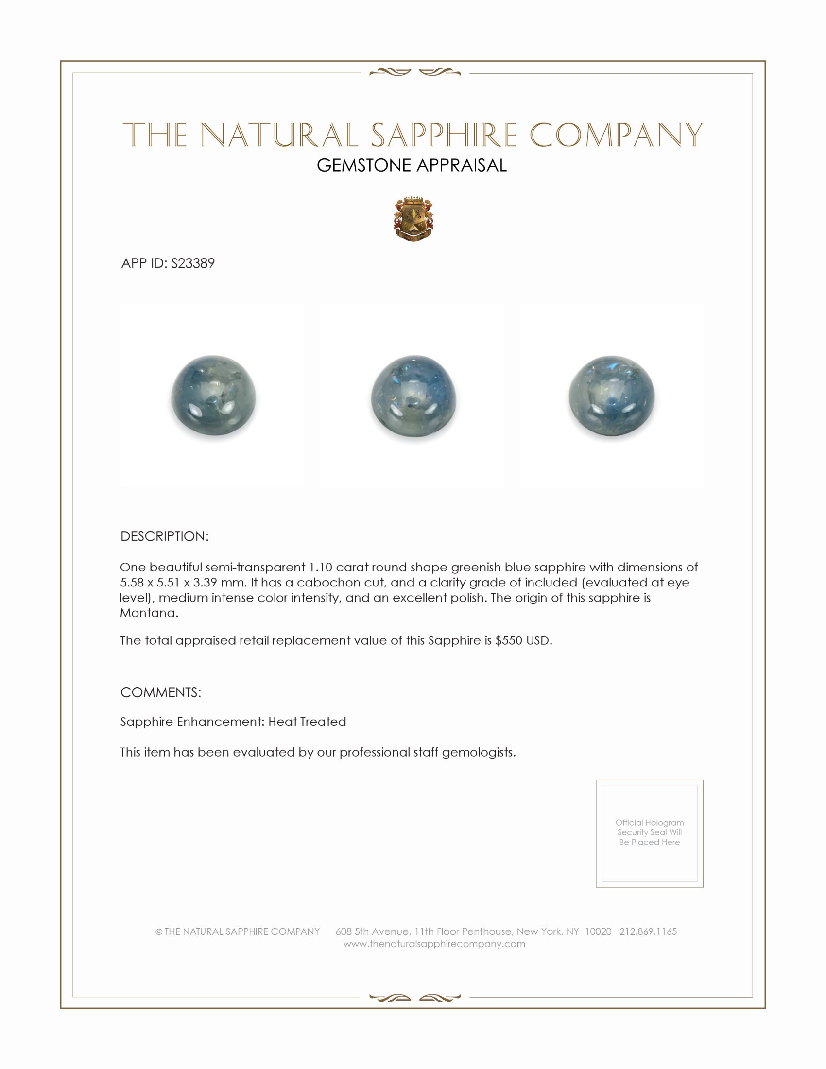 1.10 Ct. Greenish Blue Cabochon Sapphire from Montana