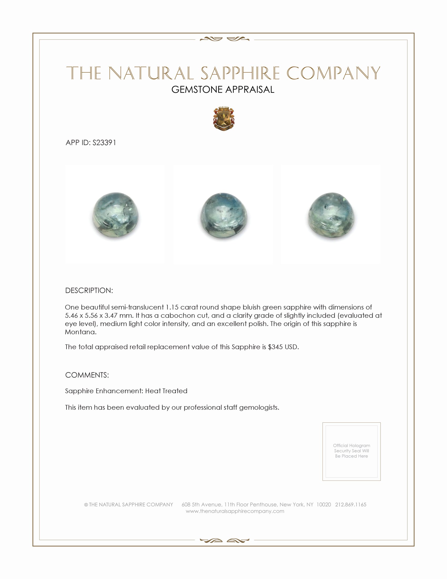 1.15 Ct. Bluish Green Cabochon Sapphire from Montana