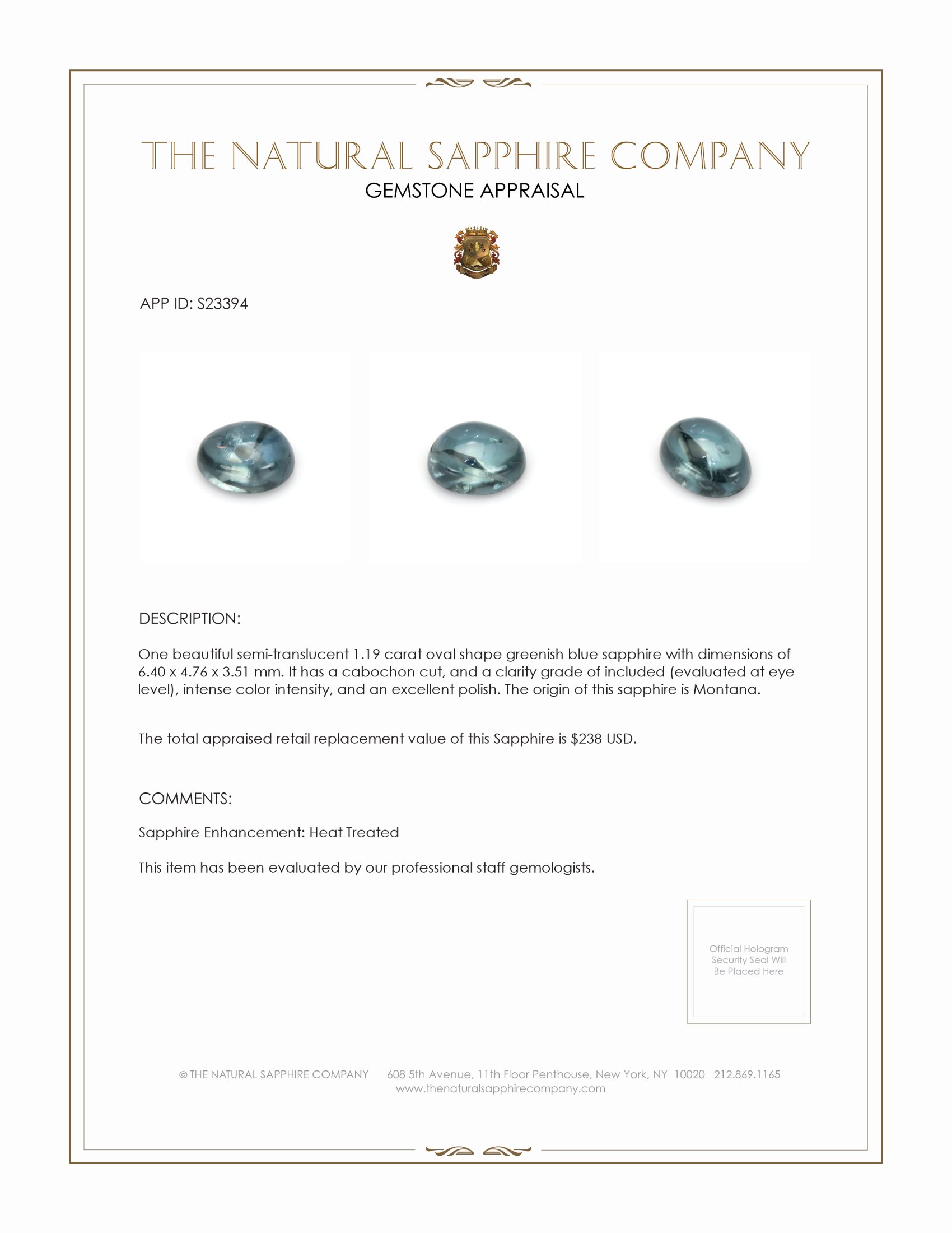 1.19 Ct. Greenish Blue Cabochon Sapphire from Montana