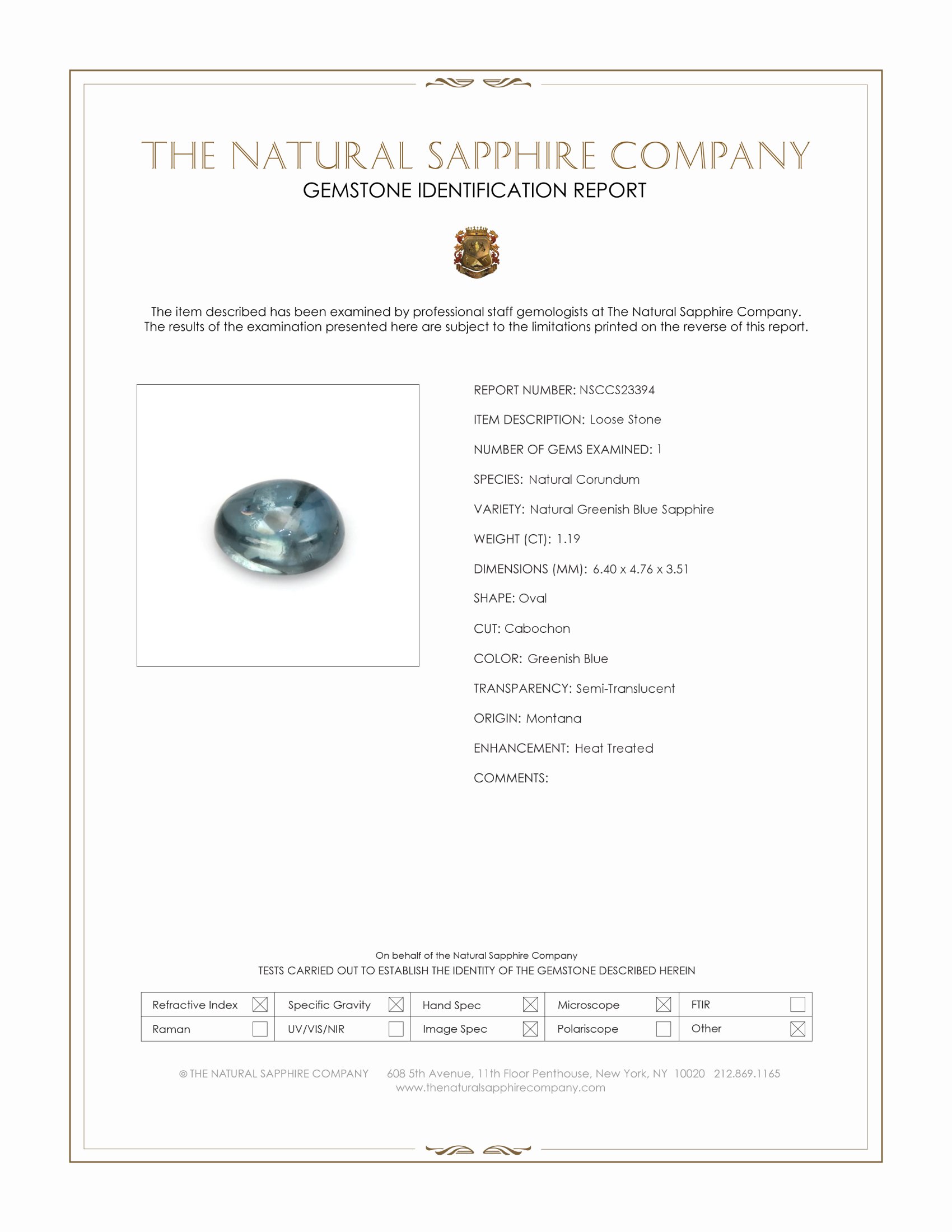 1.19 Ct. Greenish Blue Cabochon Sapphire from Montana