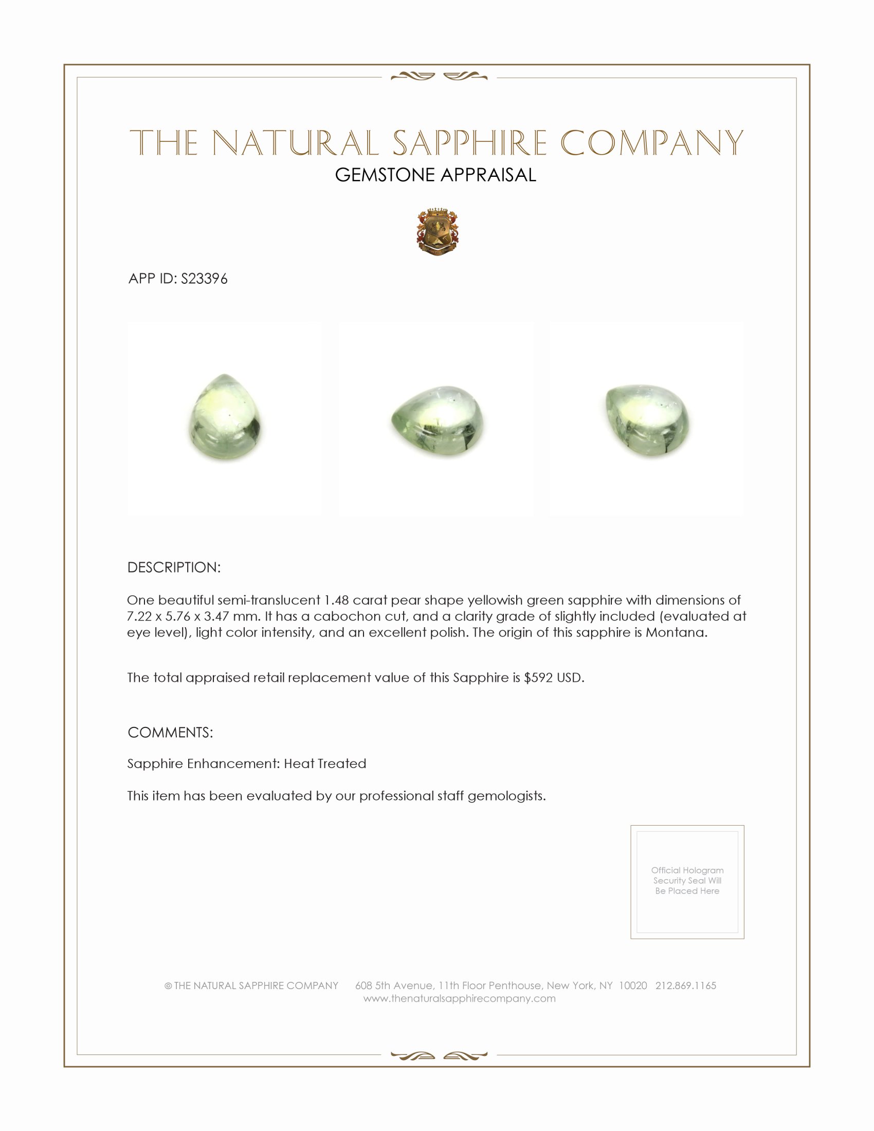 1.48 Ct. Yellowish Green Cabochon Sapphire from Montana