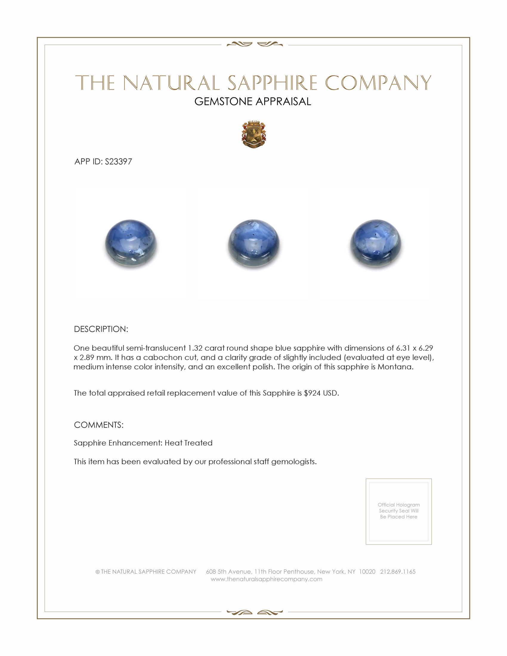 1.32 Ct. Blue Cabochon Sapphire from Montana