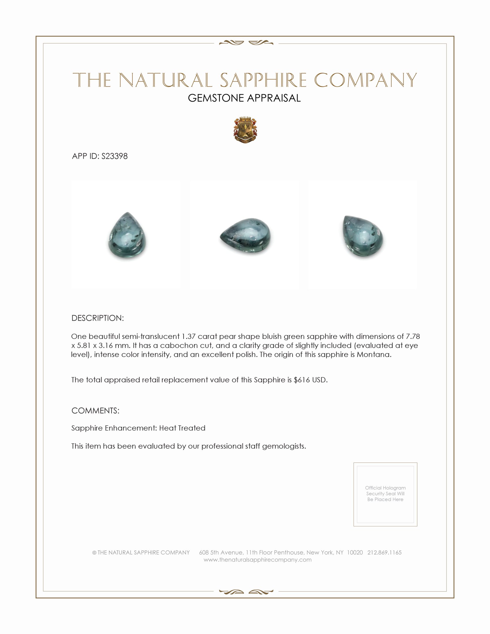 1.37 Ct. Bluish Green Cabochon Sapphire from Montana