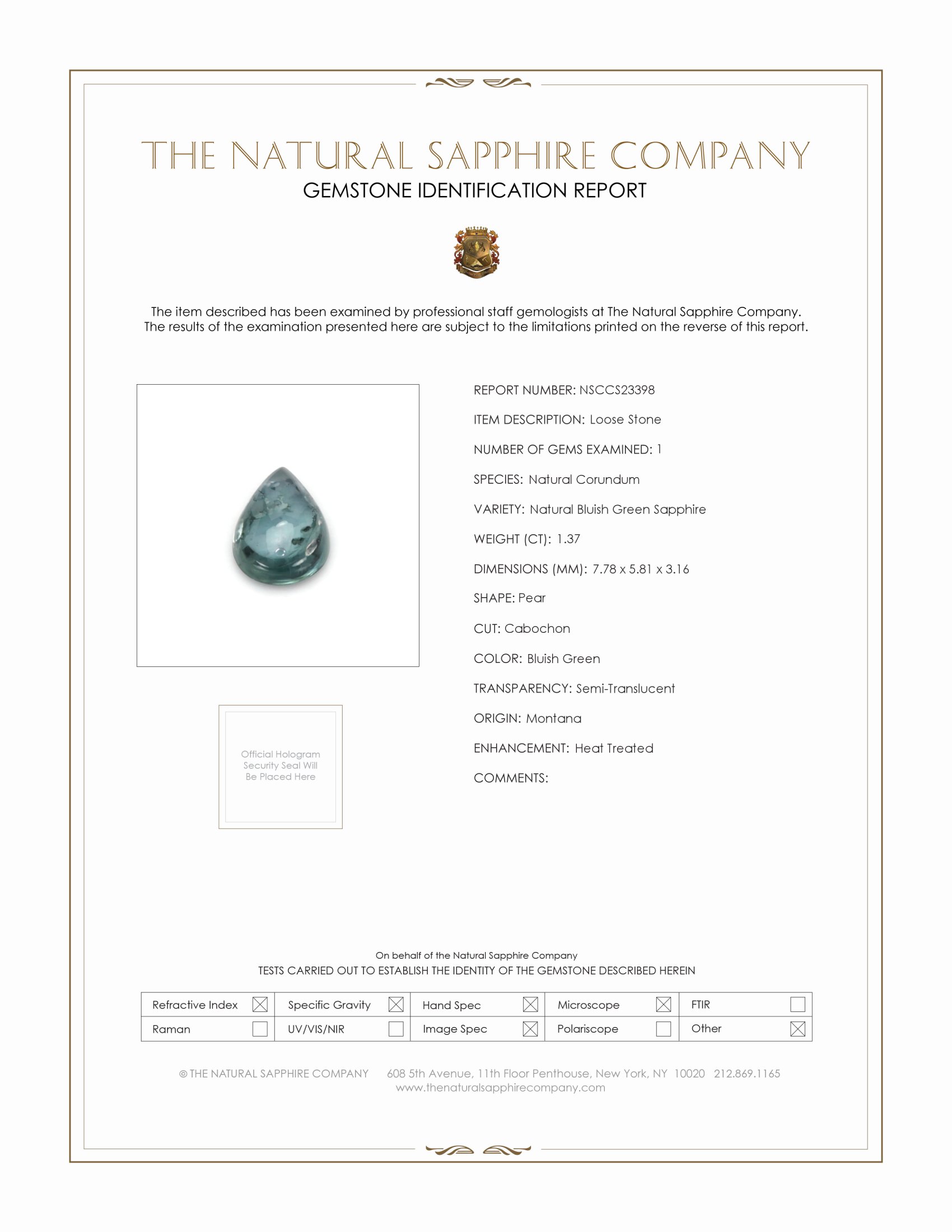 1.37 Ct. Bluish Green Cabochon Sapphire from Montana