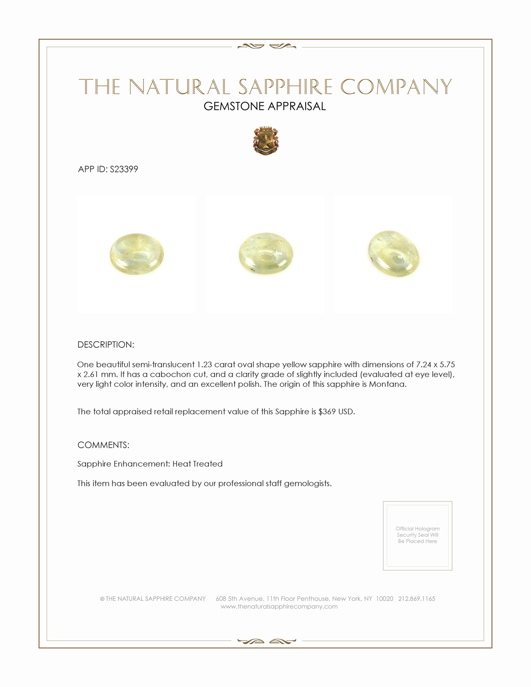 1.23 Ct. Yellow Cabochon Sapphire from Montana