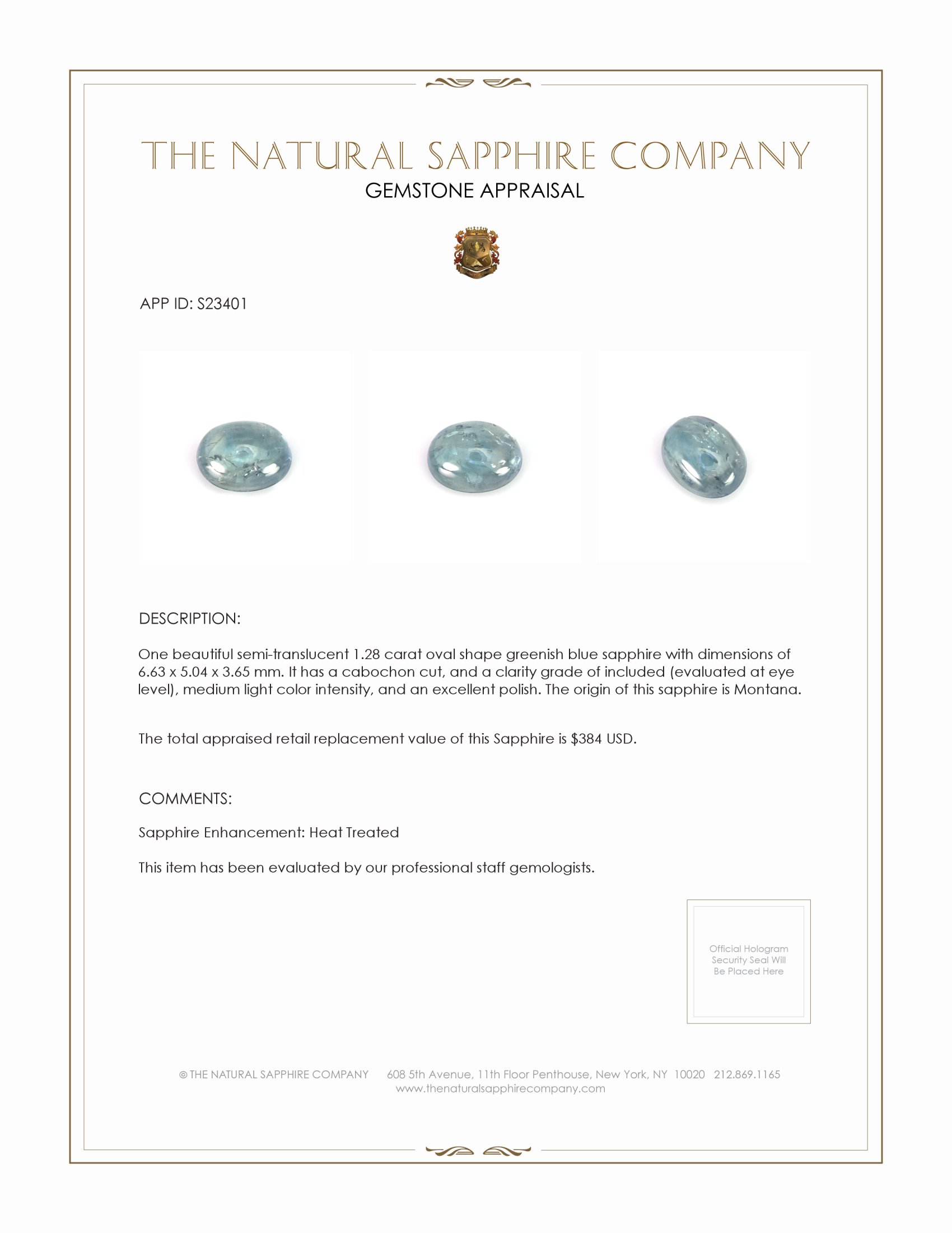 1.28 Ct. Greenish Blue Cabochon Sapphire from Montana