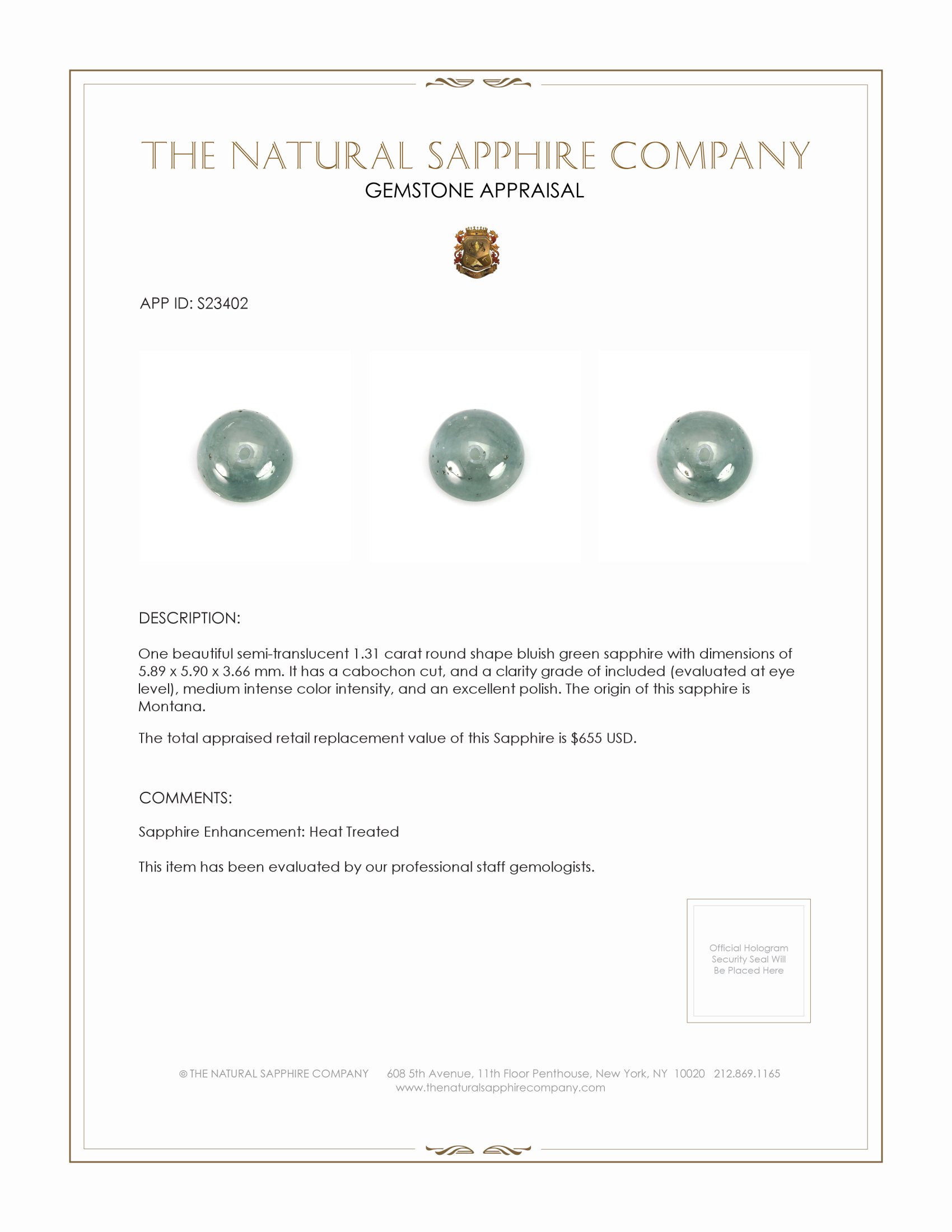 1.31 Ct. Bluish Green Cabochon Sapphire from Montana