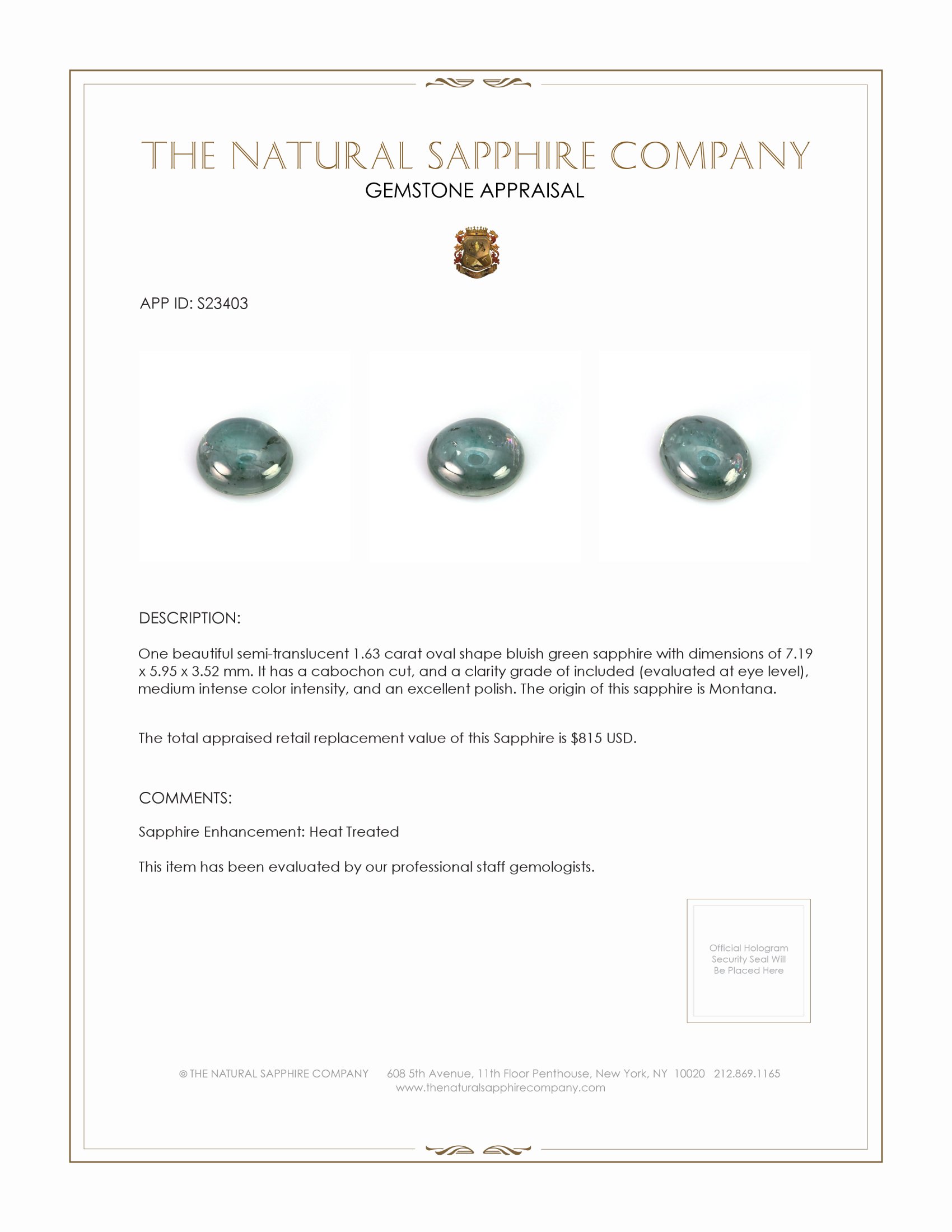 1.63 Ct. Bluish Green Cabochon Sapphire from Montana