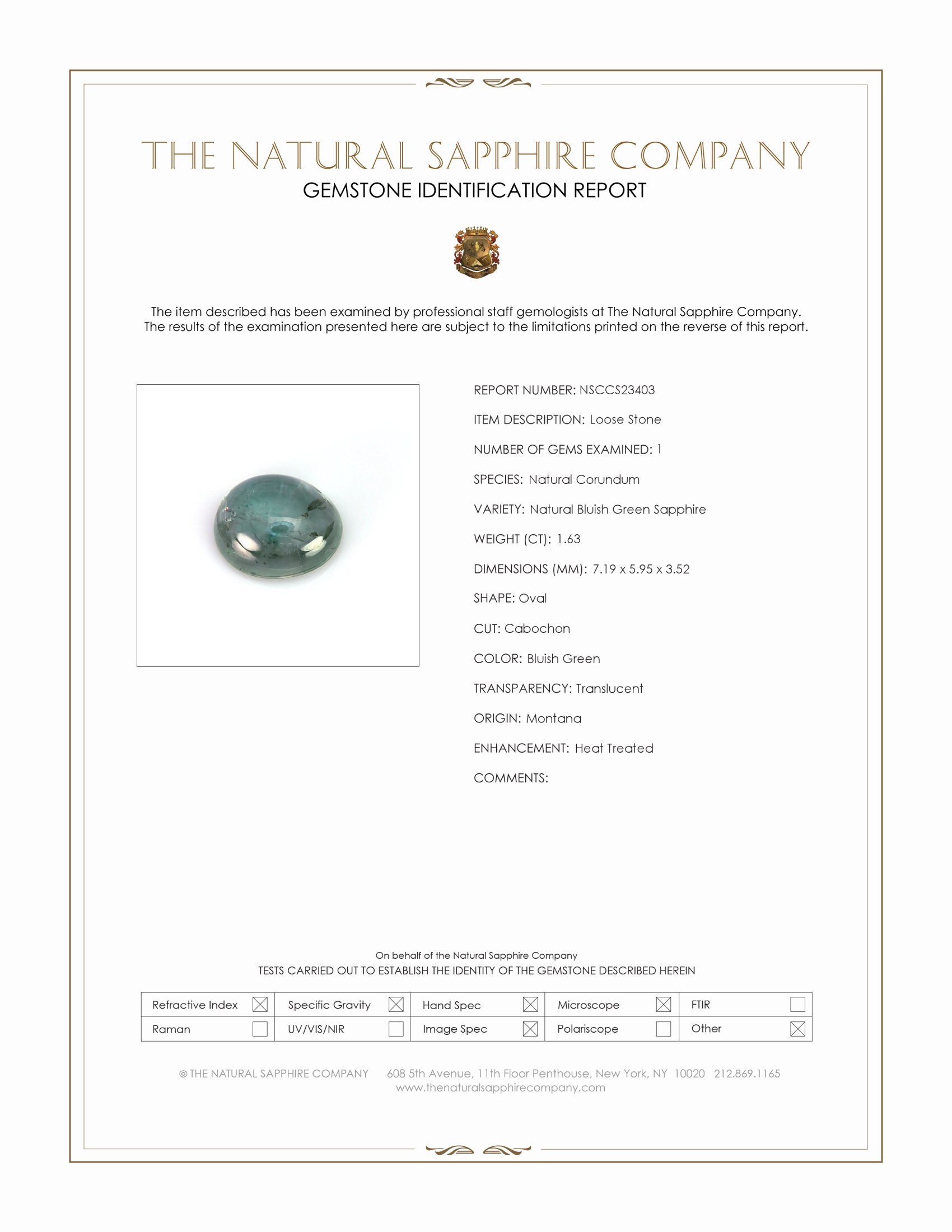 1.63 Ct. Bluish Green Cabochon Sapphire from Montana