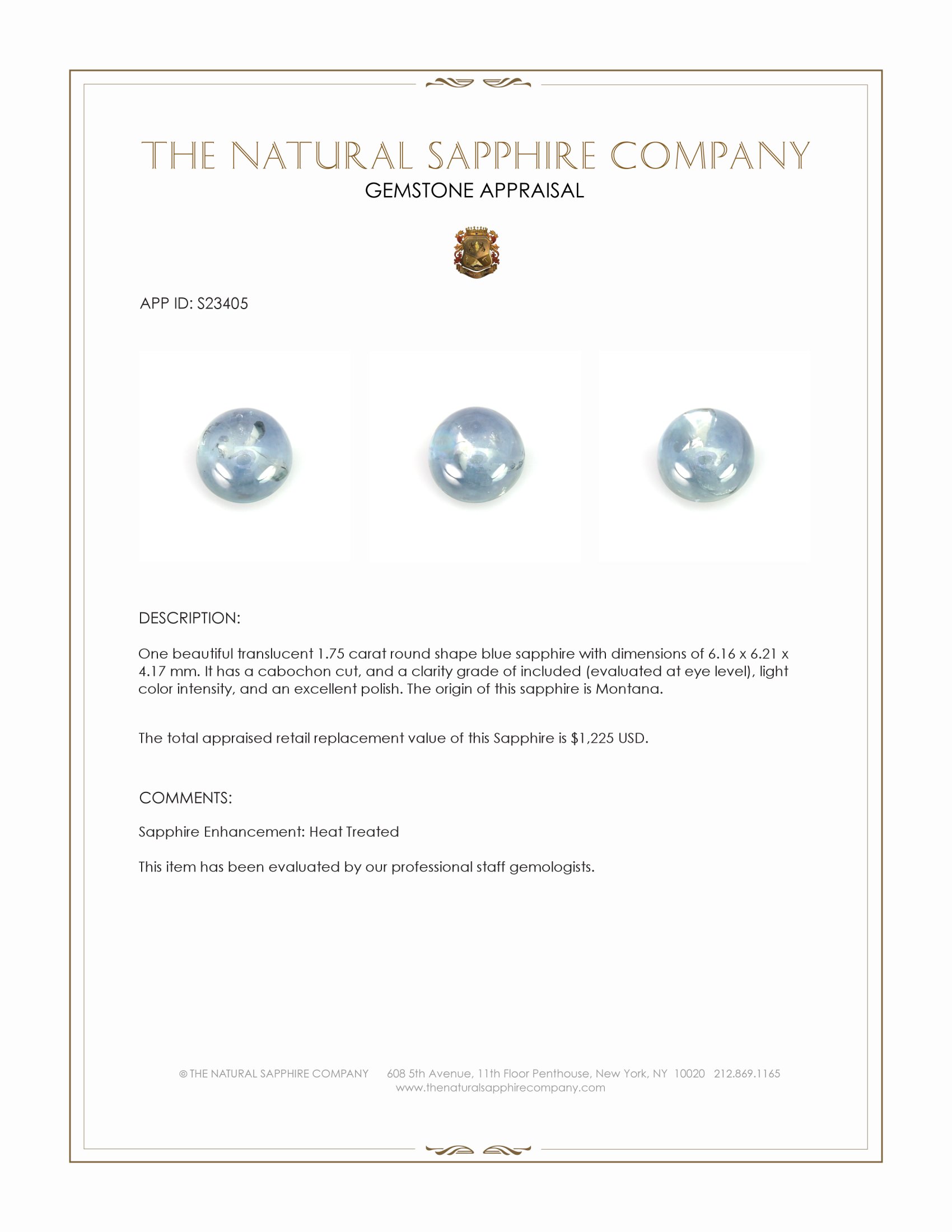 1.75 Ct. Blue Cabochon Sapphire from Montana