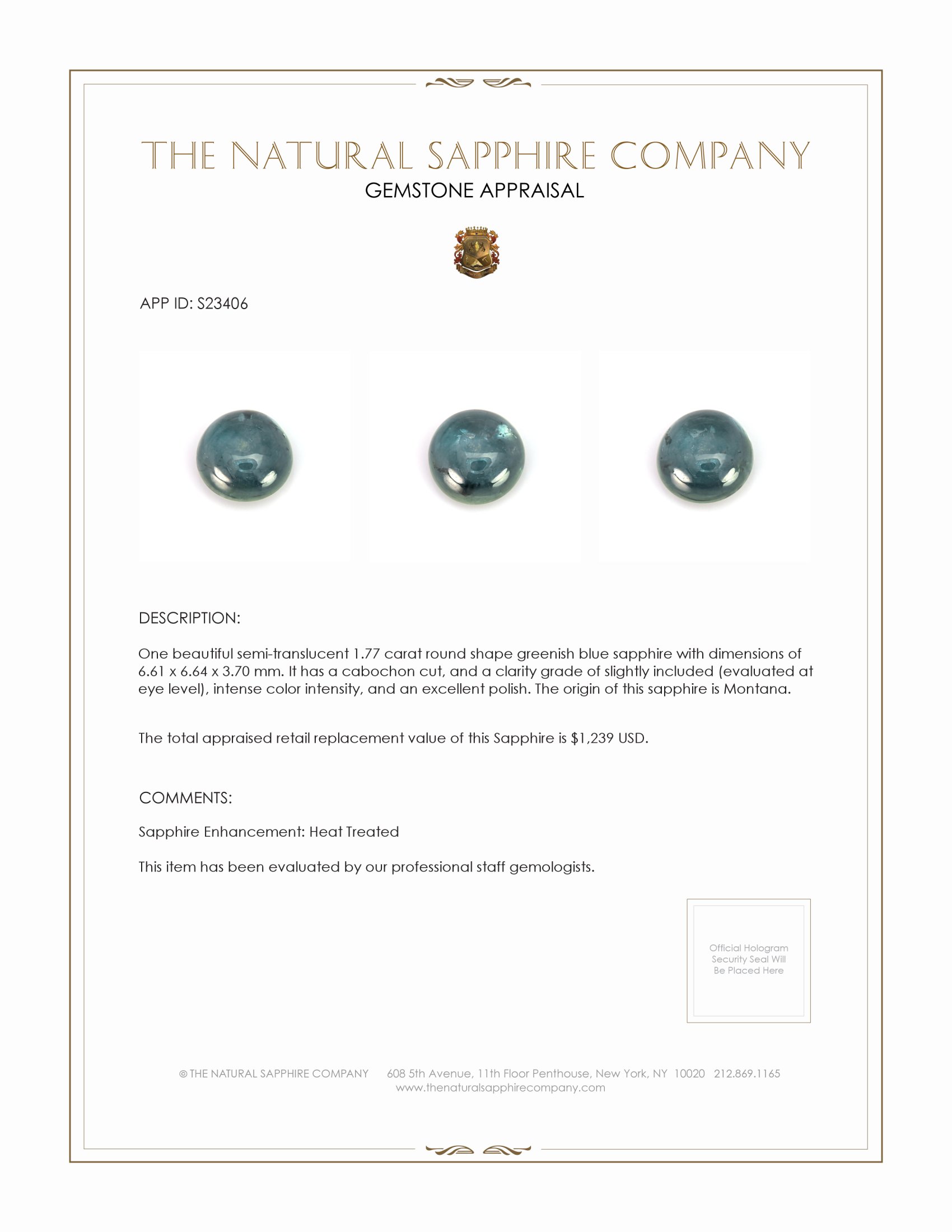 1.77 Ct. Greenish Blue Cabochon Sapphire from Montana