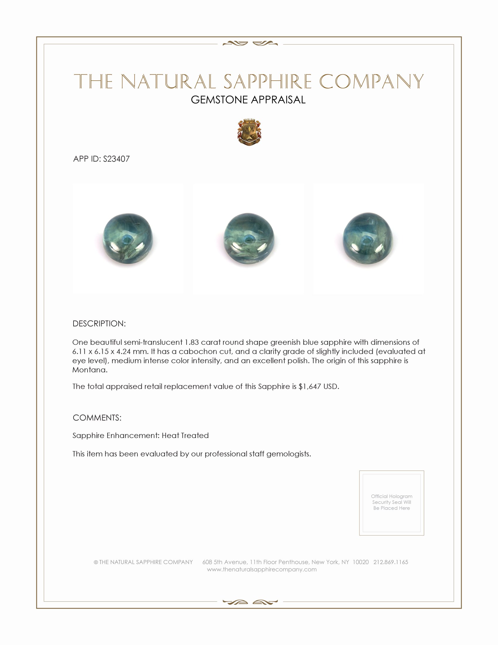 1.83 Ct. Greenish Blue Cabochon Sapphire from Montana