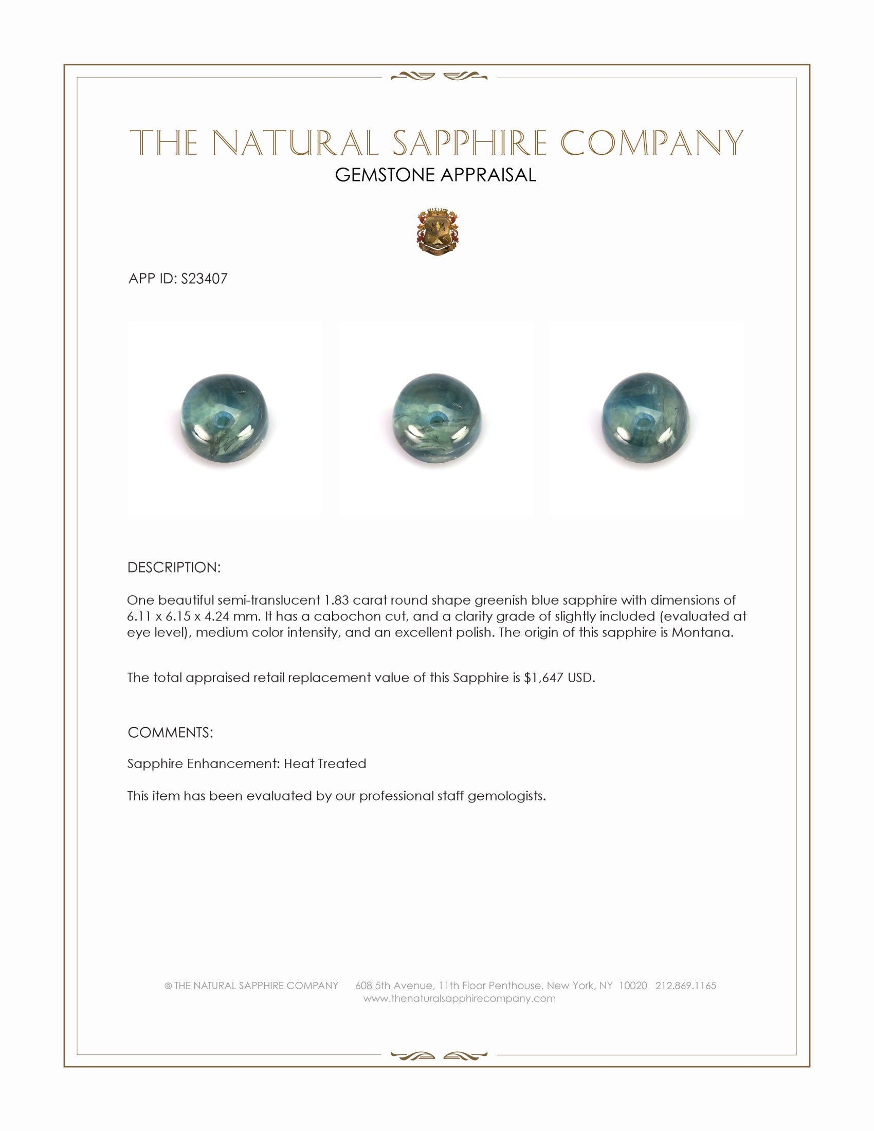 1.83 Ct. Greenish Blue Cabochon Sapphire from Montana