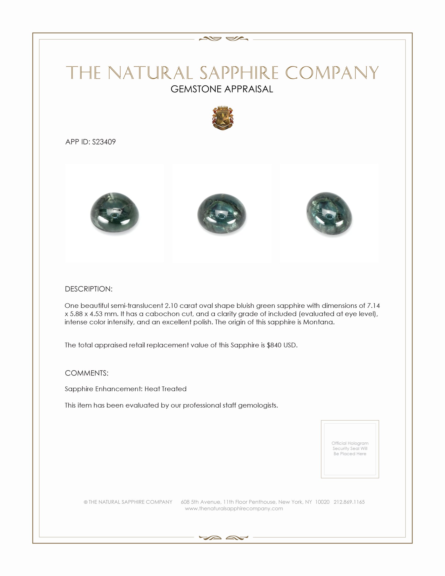 2.10 Ct. Bluish Green Cabochon Sapphire from Montana