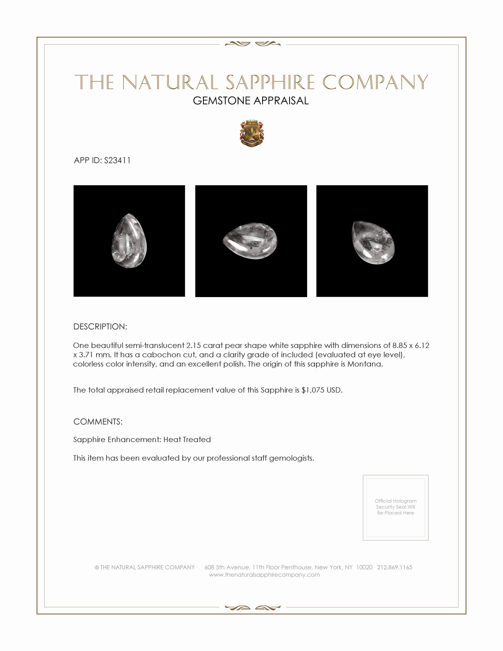 2.15 Ct. White Cabochon Sapphire from Montana