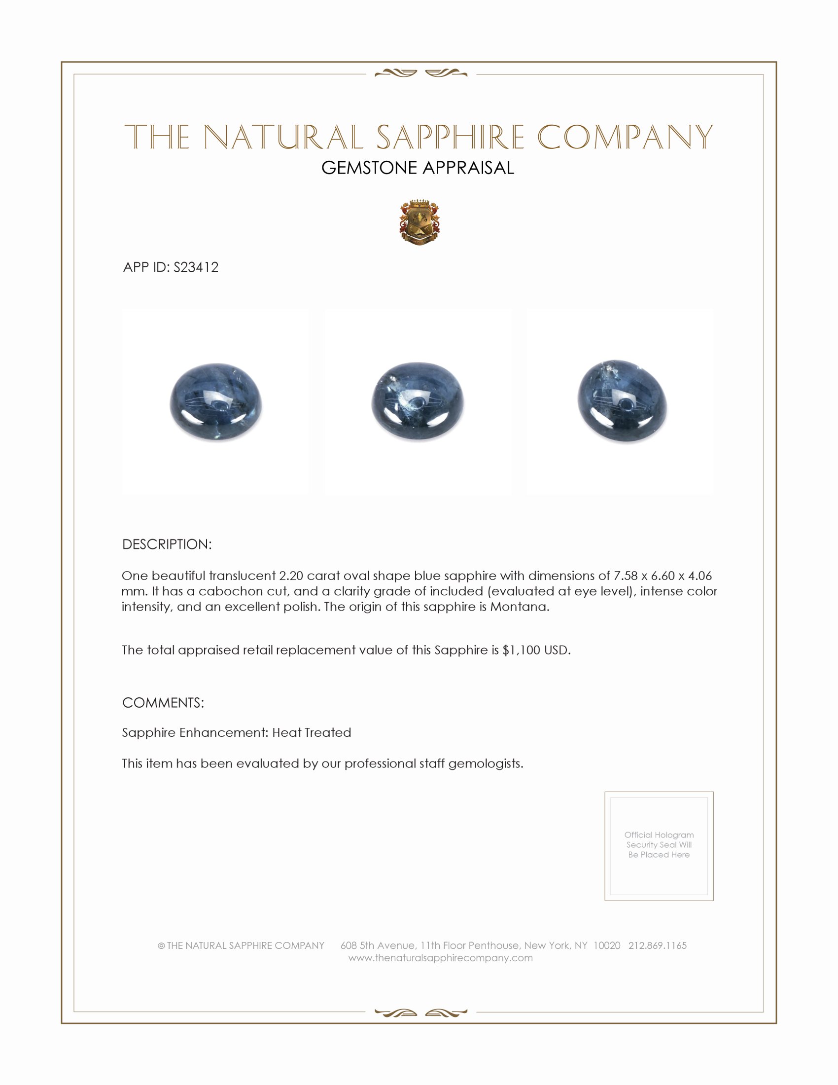 2.20 Ct. Blue Cabochon Sapphire from Montana