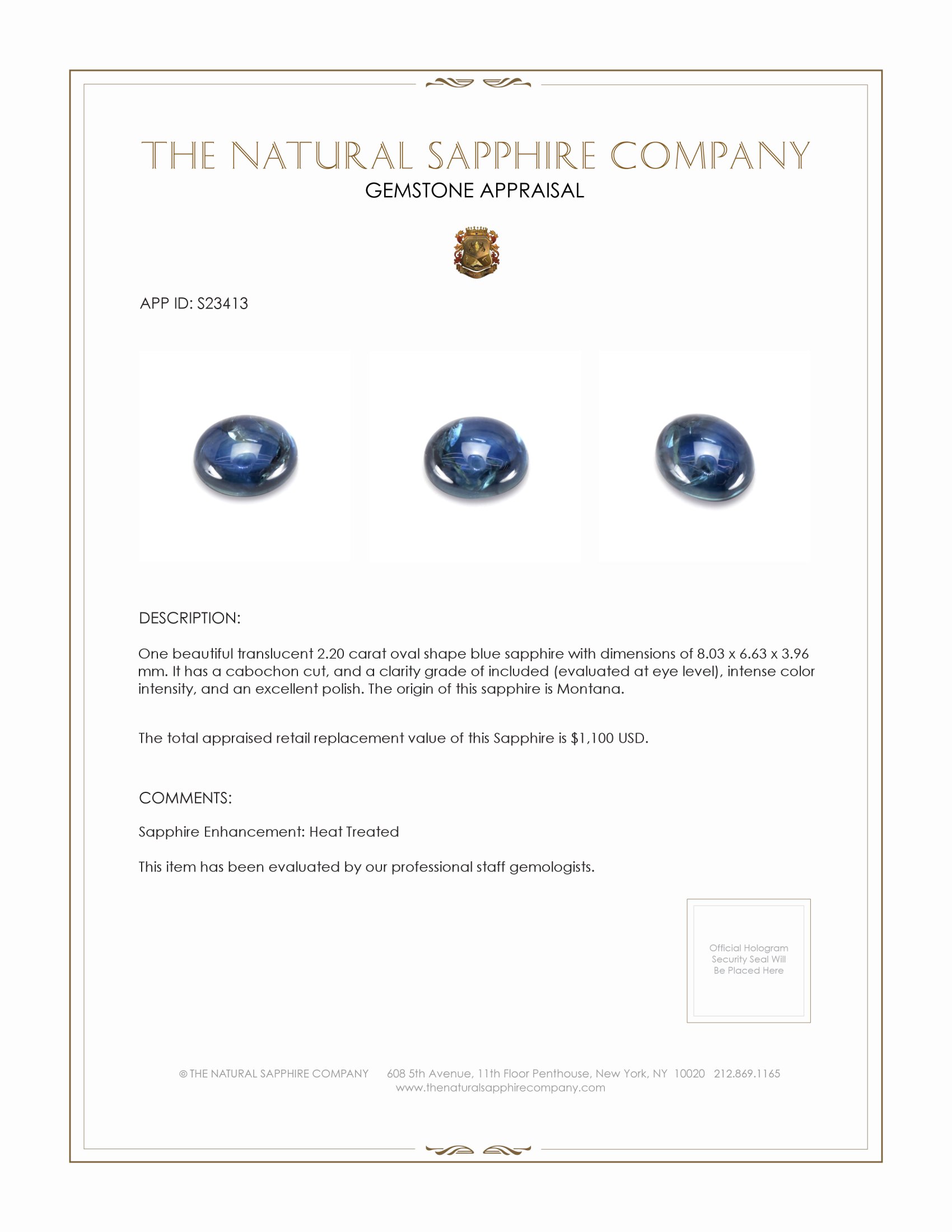 2.20 Ct. Blue Cabochon Sapphire from Montana