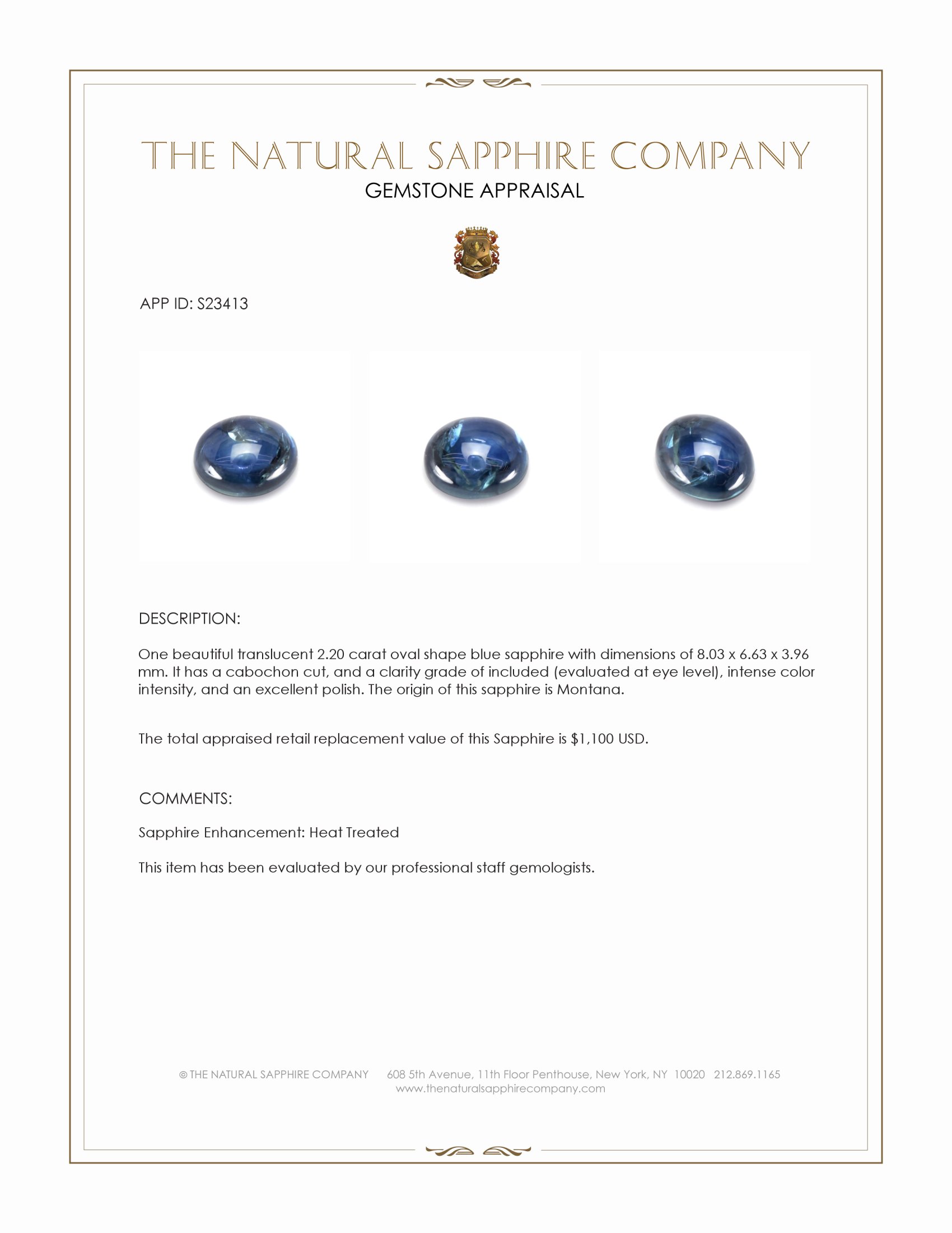 2.20 Ct. Blue Cabochon Sapphire from Montana