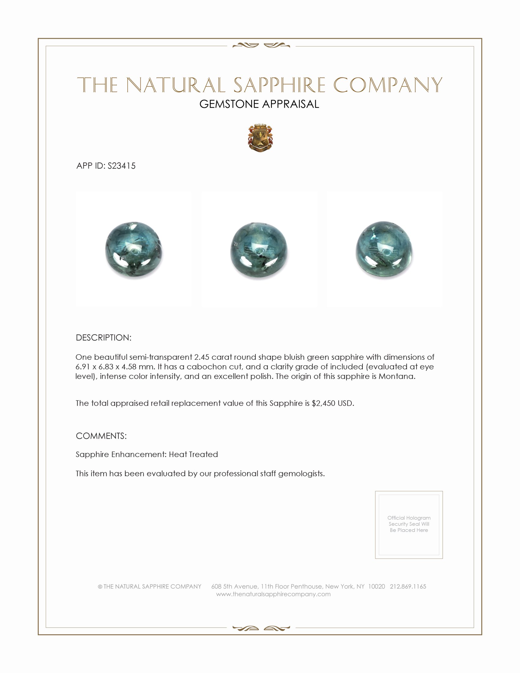 2.45 Ct. Bluish Green Cabochon Sapphire from Montana