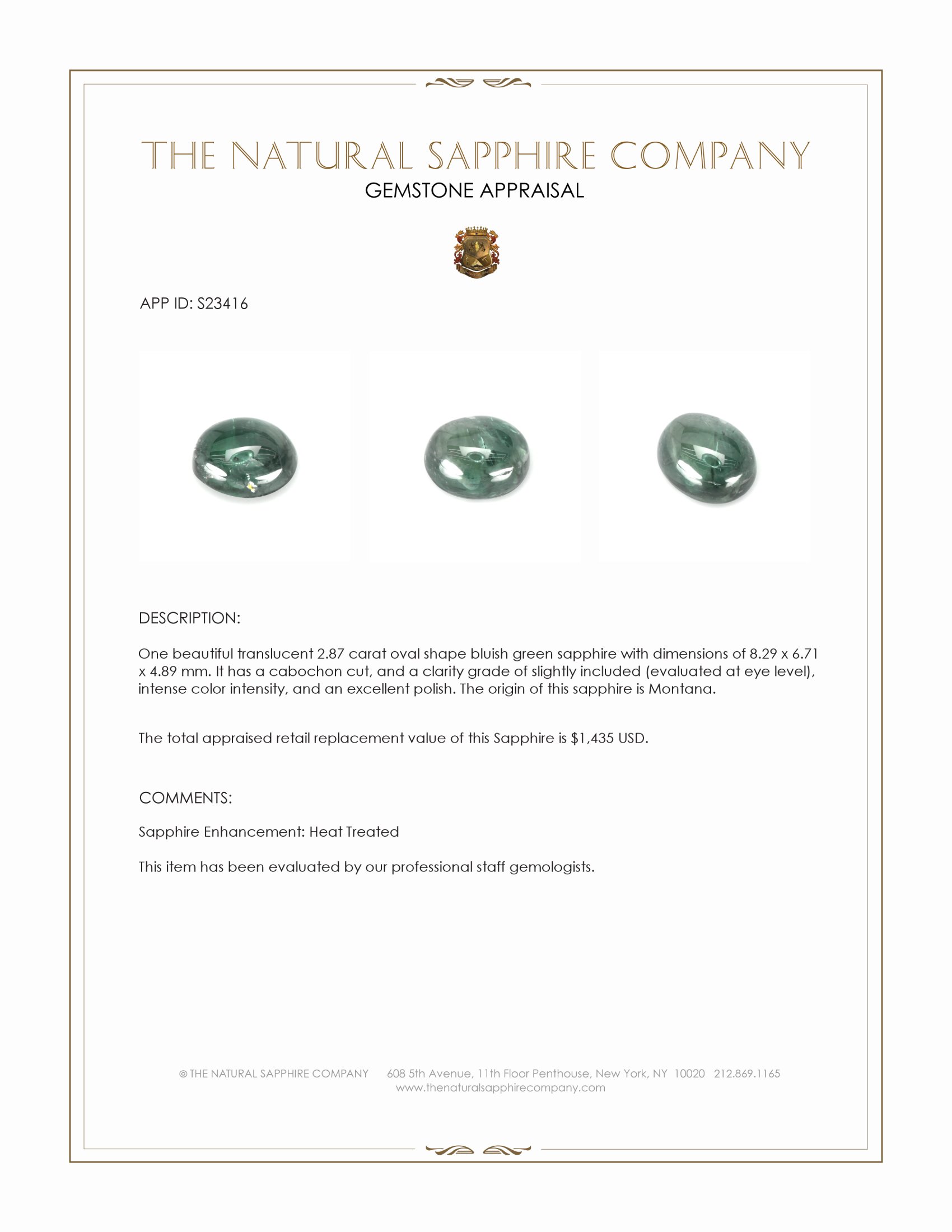 2.87 Ct. Bluish Green Cabochon Sapphire from Montana