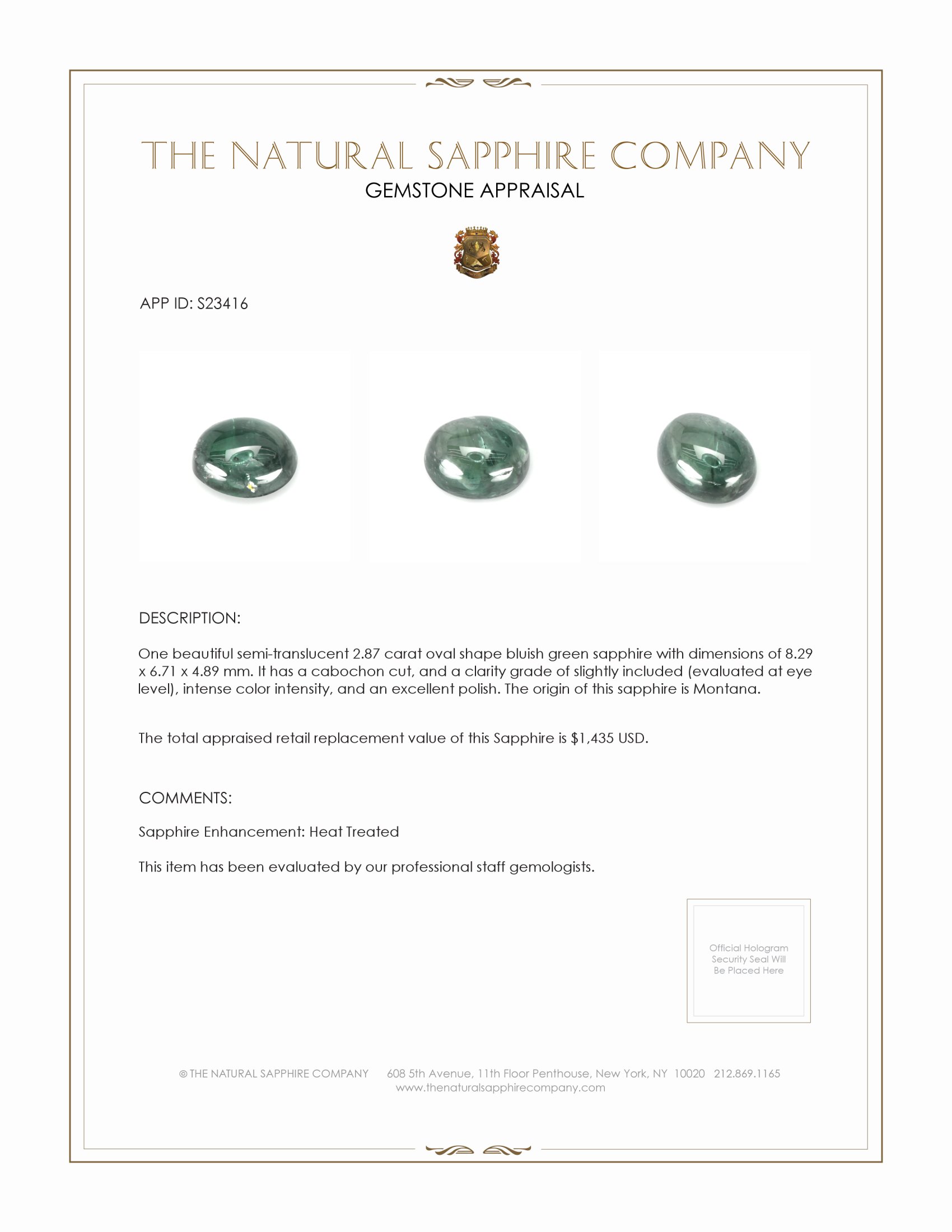 2.87 Ct. Bluish Green Cabochon Sapphire from Montana