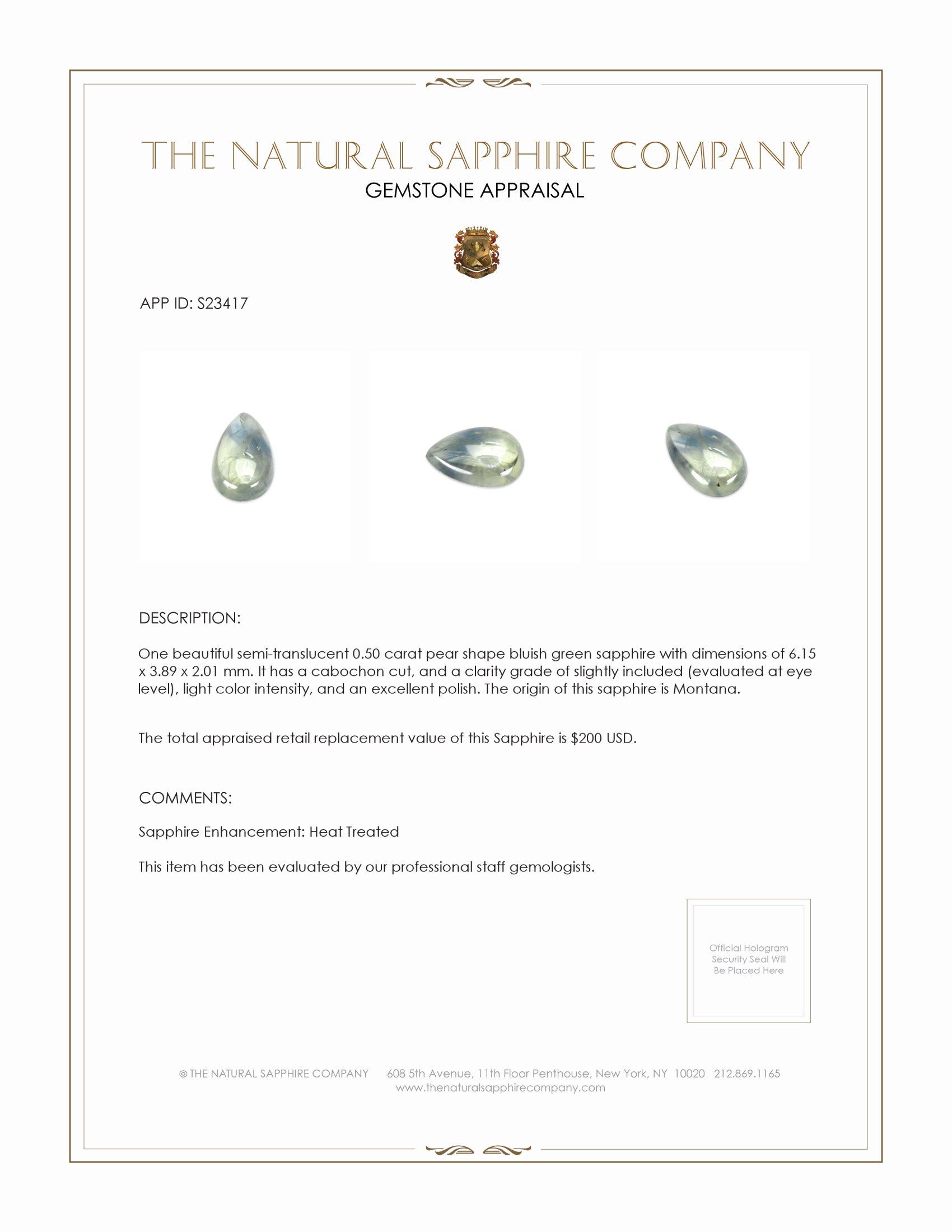 0.50 Ct. Bluish Green Cabochon Sapphire from Montana