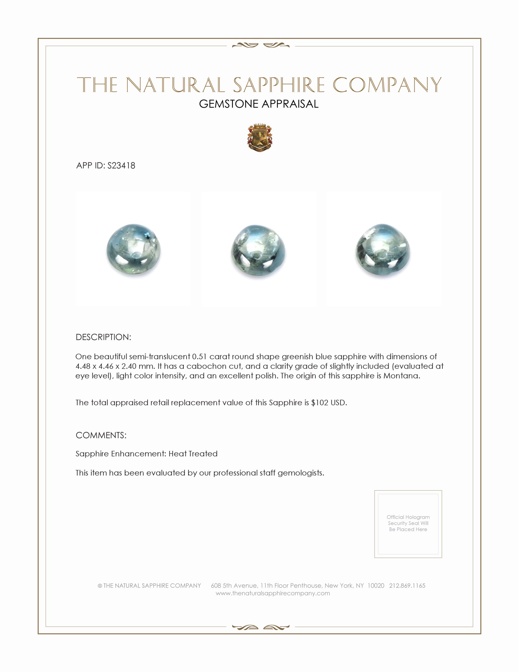 0.51 Ct. Greenish Blue Cabochon Sapphire from Montana