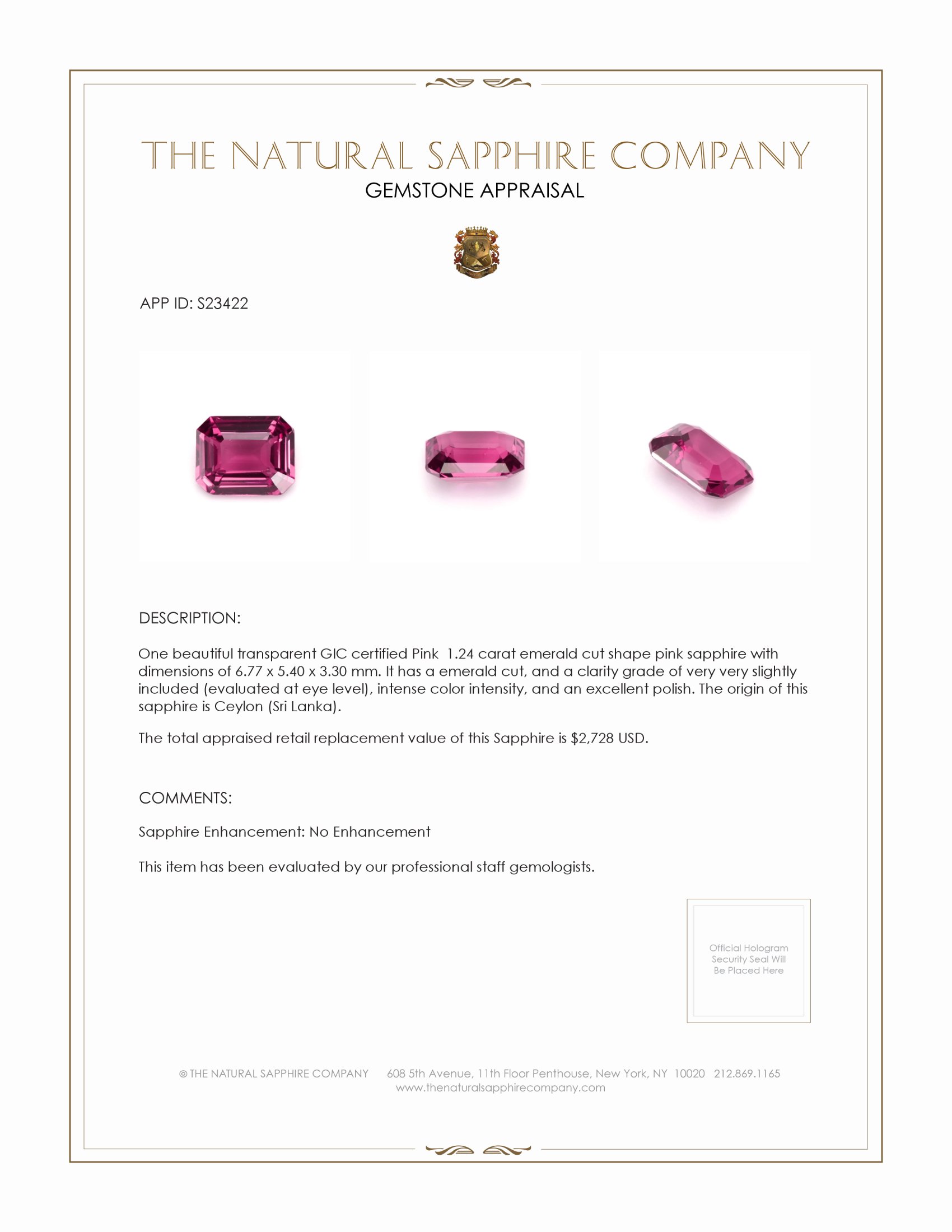1.24 Ct. Pink Sapphire from Ceylon (Sri Lanka)