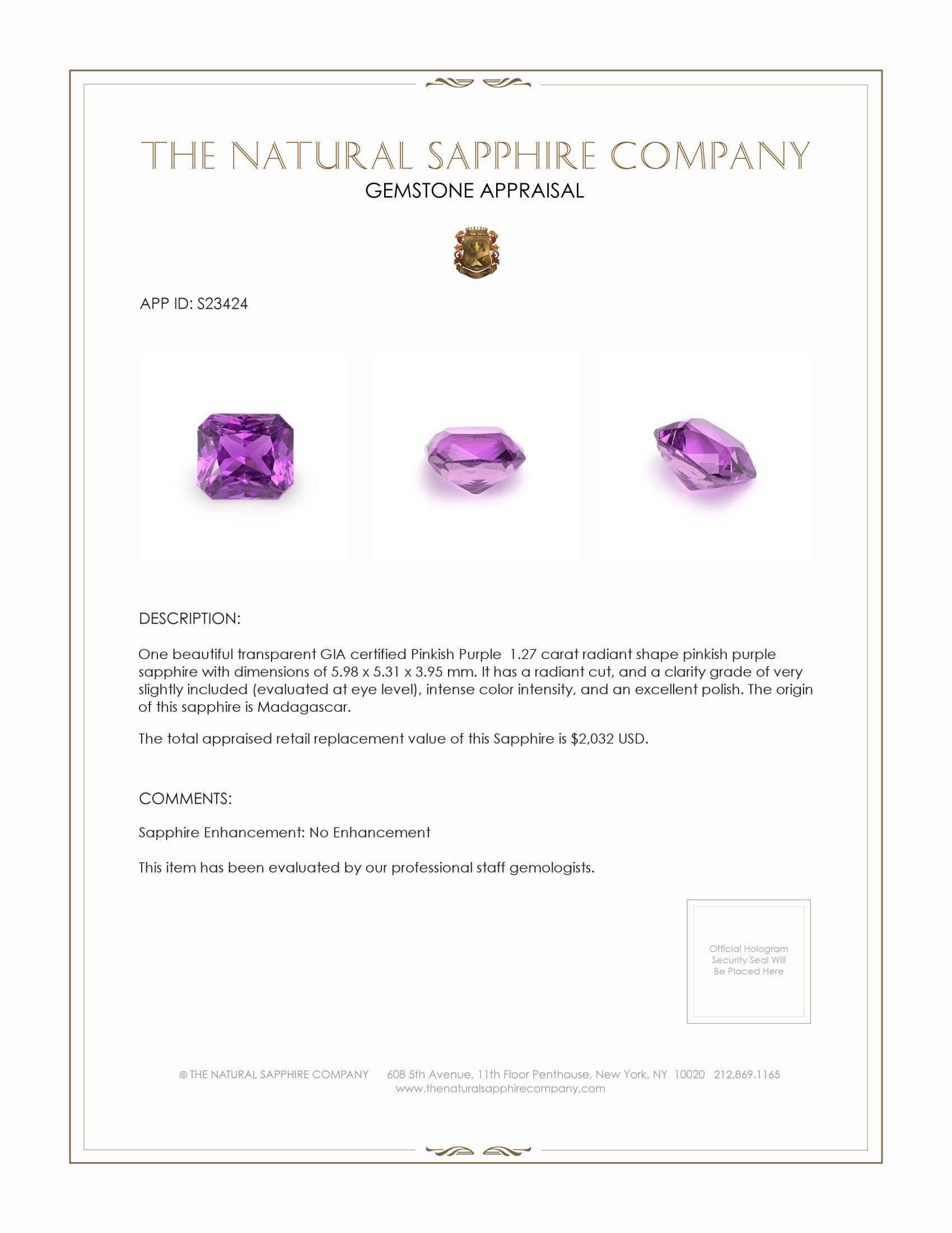 1.27 Ct. Pinkish Purple Sapphire from Madagascar