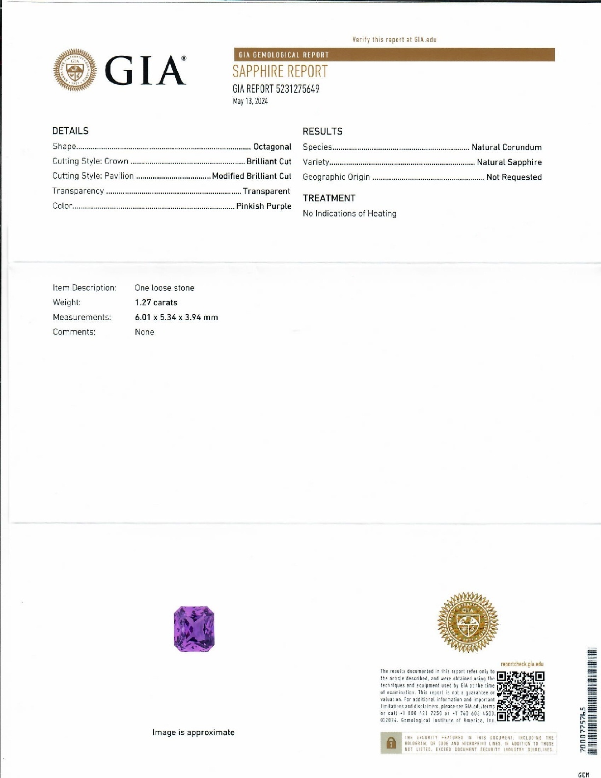 1.27 Ct. Pinkish Purple Sapphire from Madagascar