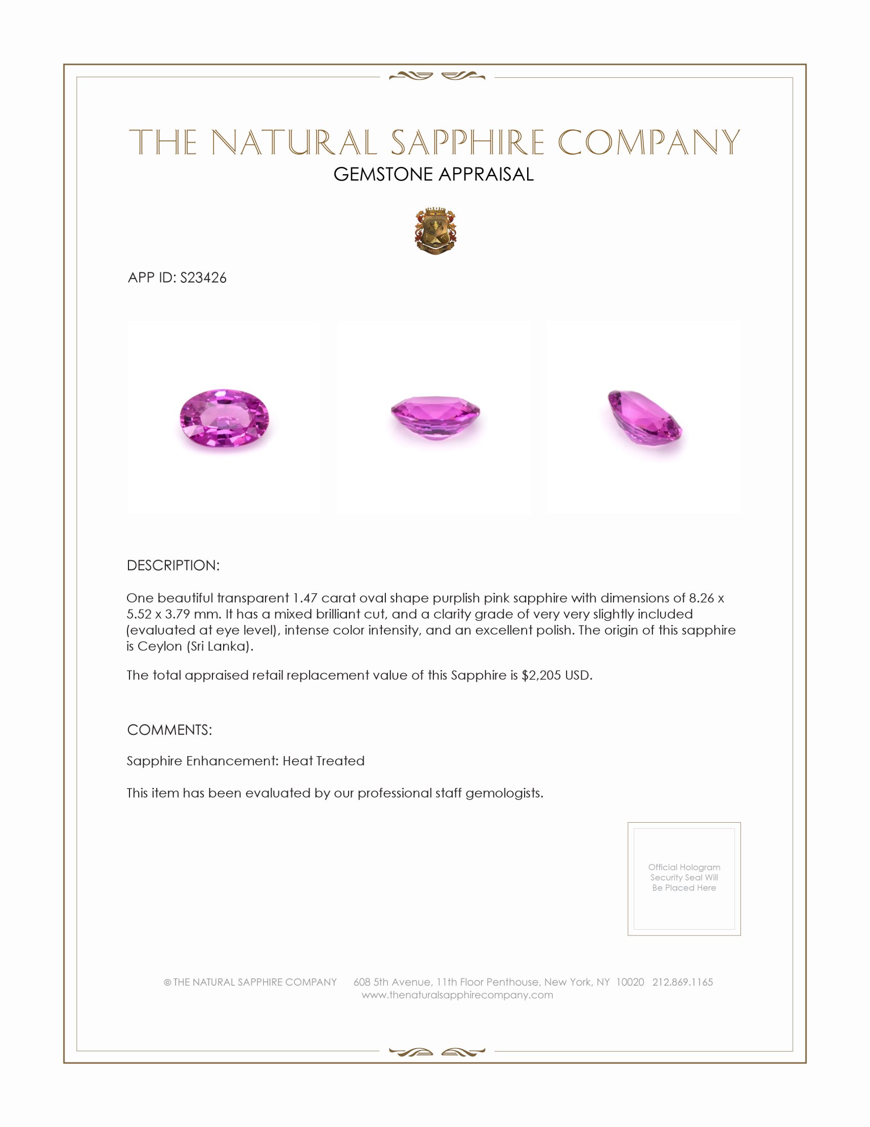 1.47 Ct. Purplish Pink Sapphire from Ceylon (Sri Lanka)