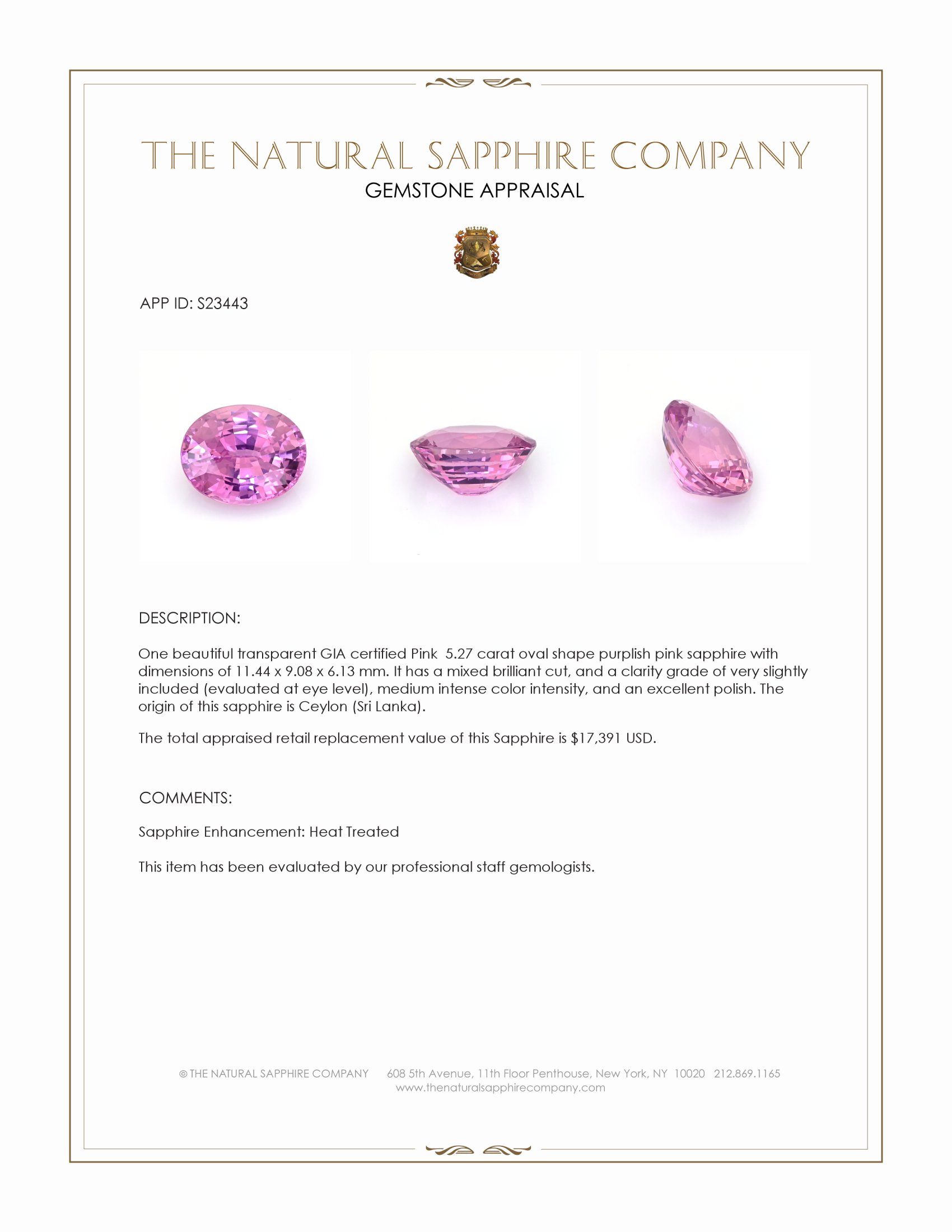 5.27 Ct. Purplish Pink Sapphire from Ceylon (Sri Lanka)