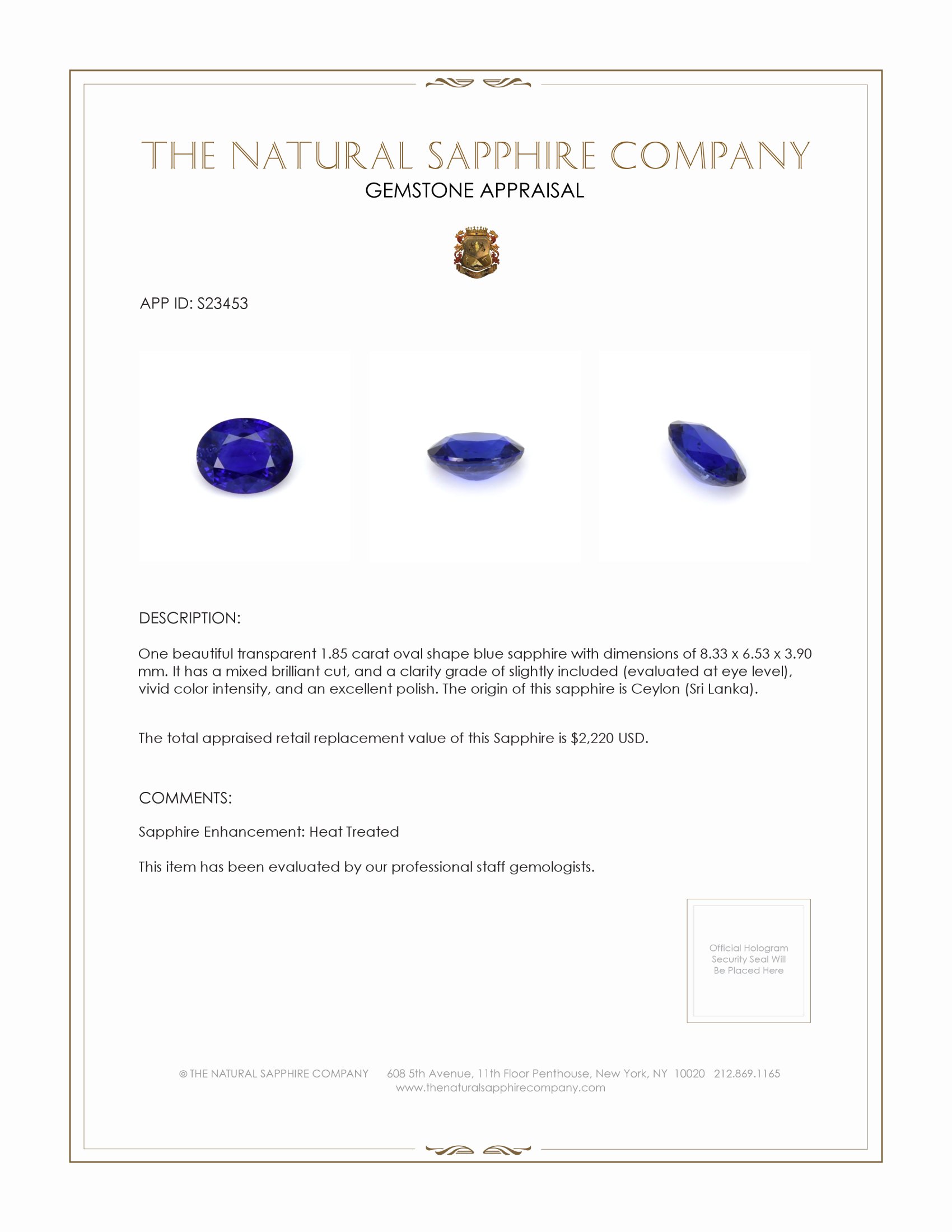 1.85 Ct. Blue Sapphire from Ceylon (Sri Lanka)