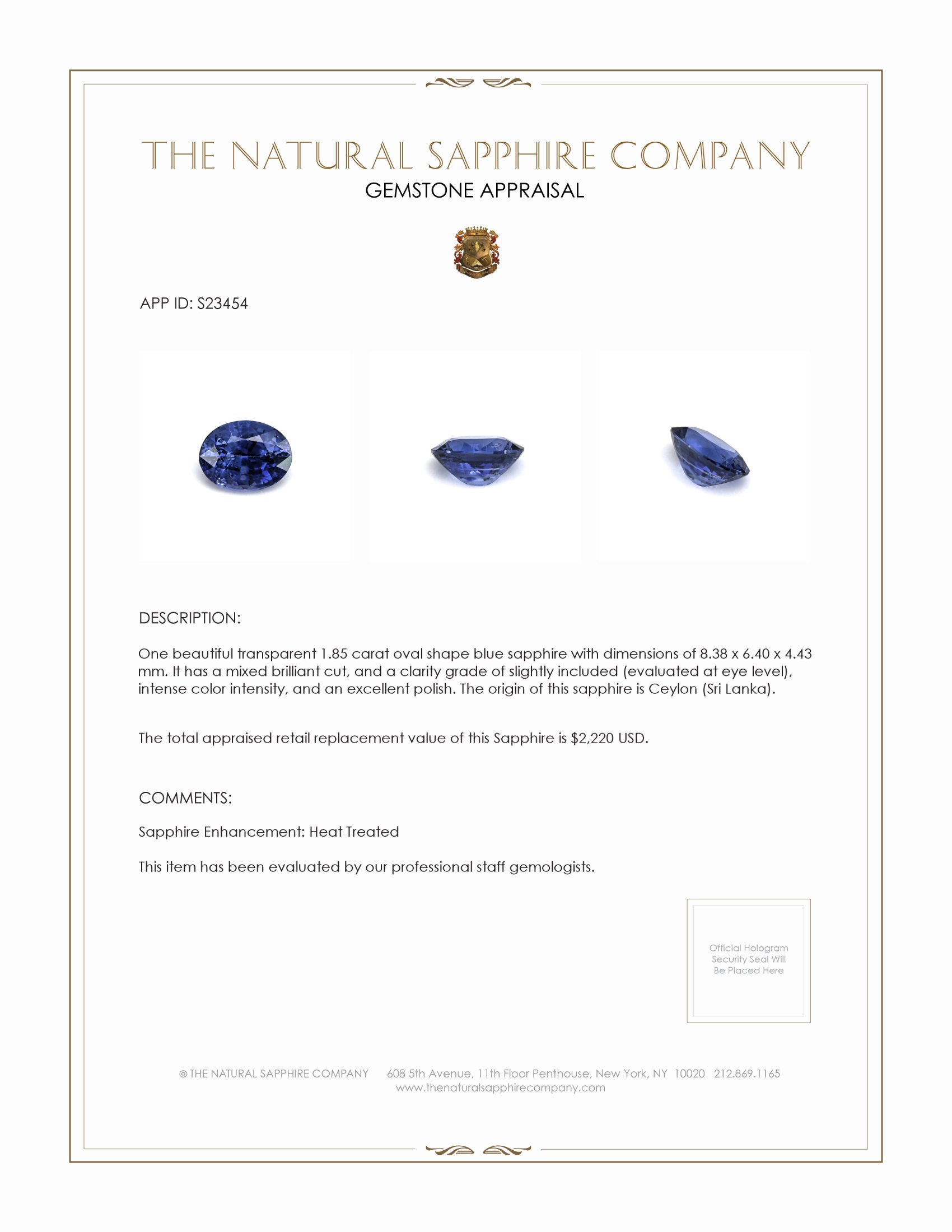 1.85 Ct. Blue Sapphire from Ceylon (Sri Lanka)