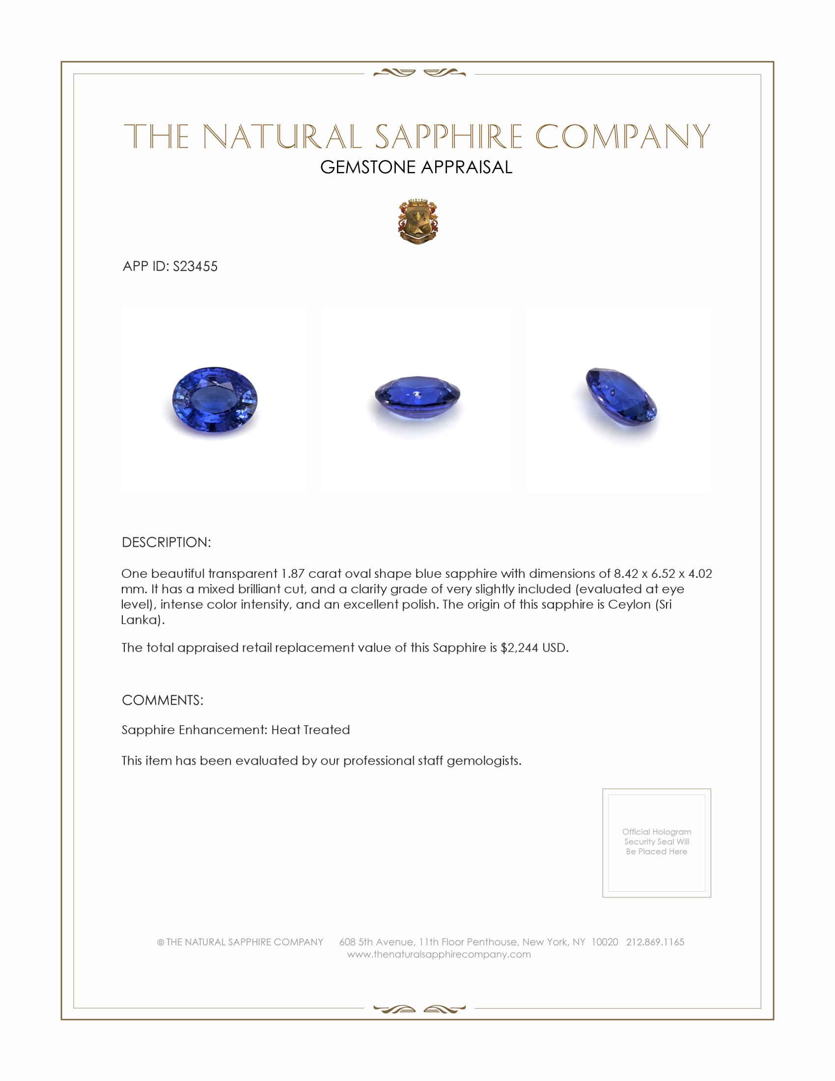 1.87 Ct. Blue Sapphire from Ceylon (Sri Lanka)