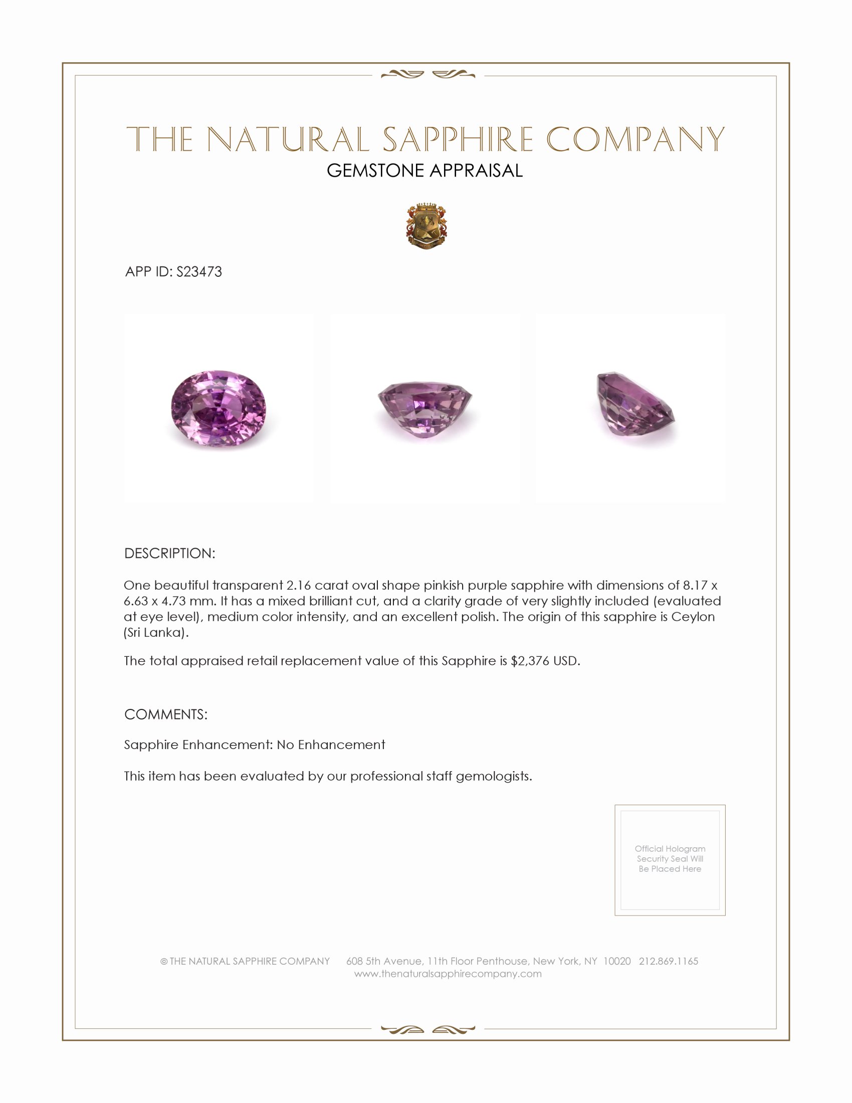 2.16 Ct. Pinkish Purple Sapphire from Ceylon (Sri Lanka)