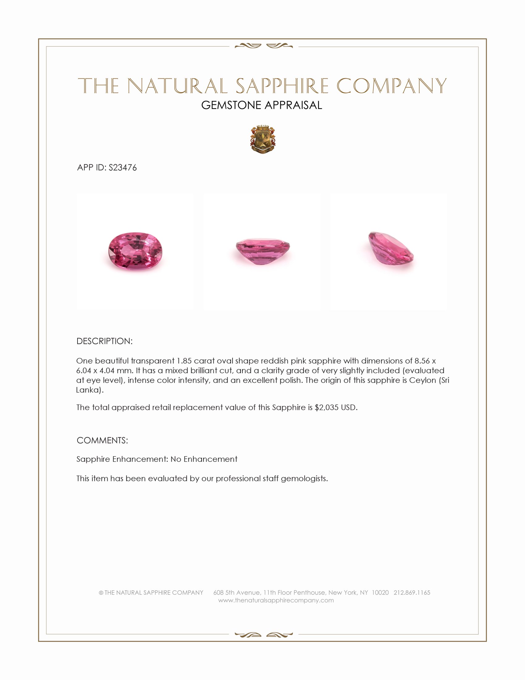 1.85 Ct. Reddish Pink Sapphire from Ceylon (Sri Lanka)