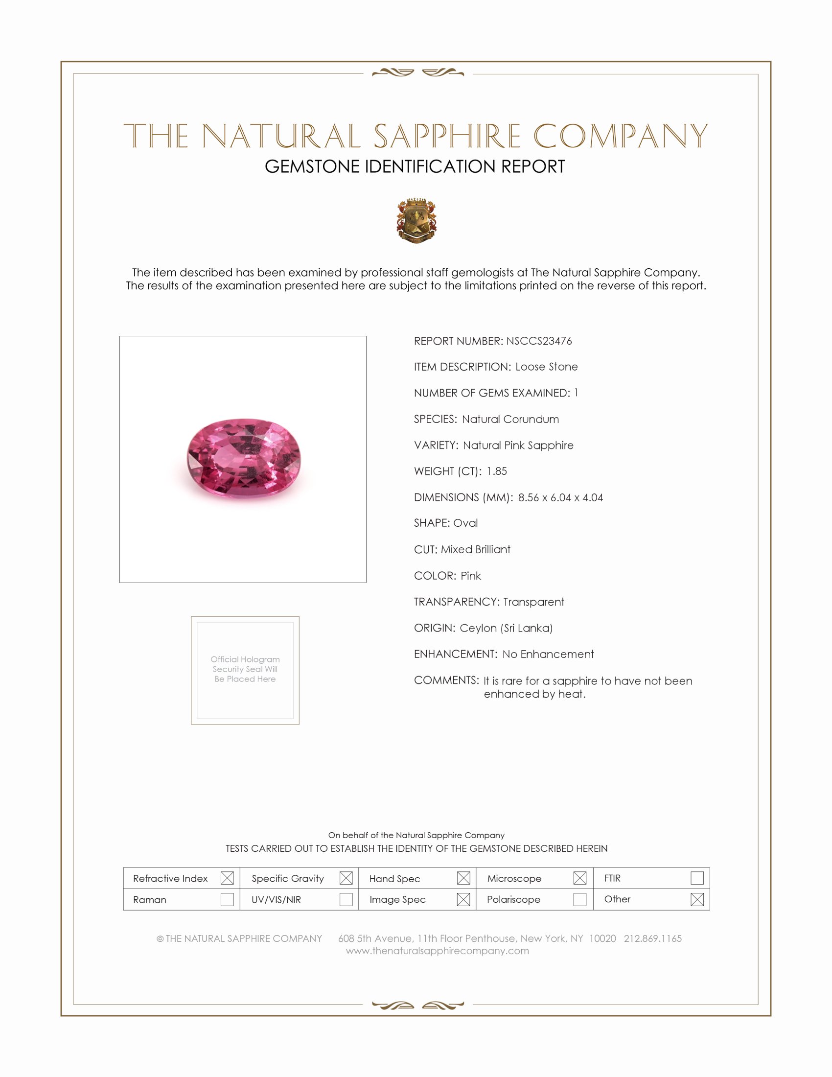 1.85 Ct. Pink Sapphire from Ceylon (Sri Lanka)