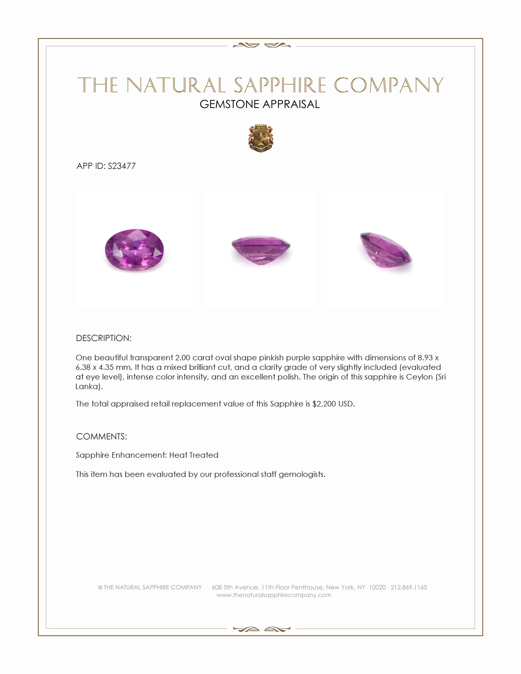 2.00 Ct. Pinkish Purple Sapphire from Ceylon (Sri Lanka)