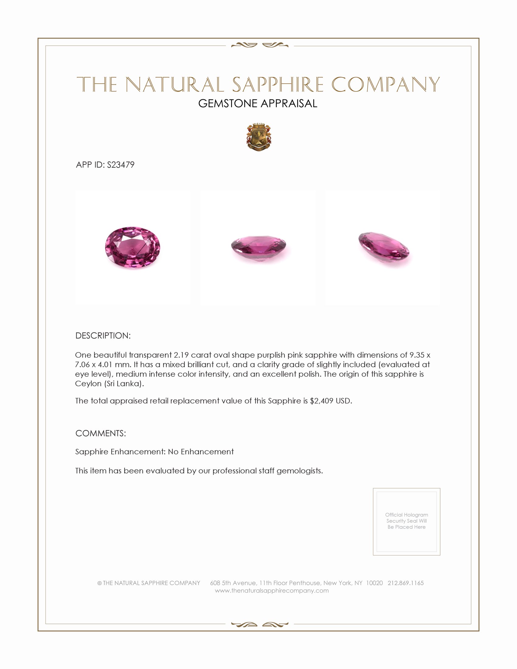 2.19 Ct. Pinkish Purple Sapphire from Ceylon (Sri Lanka)