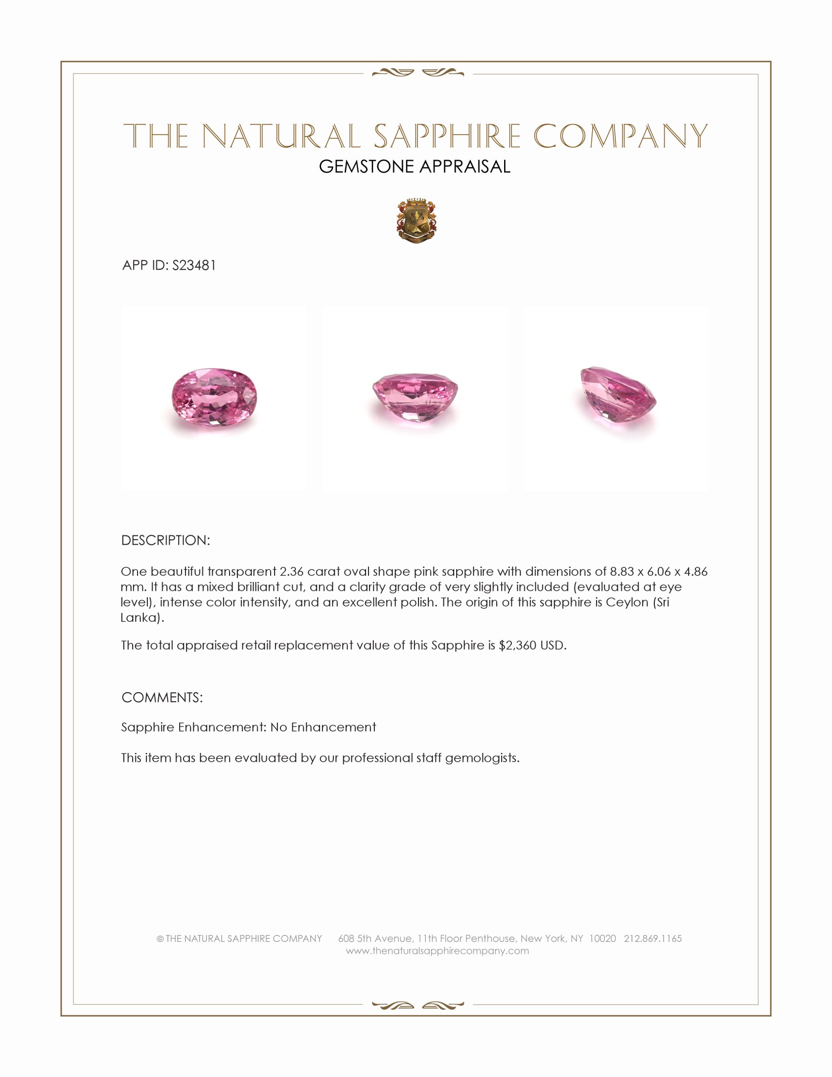 2.36 Ct. Pink Sapphire from Ceylon (Sri Lanka)