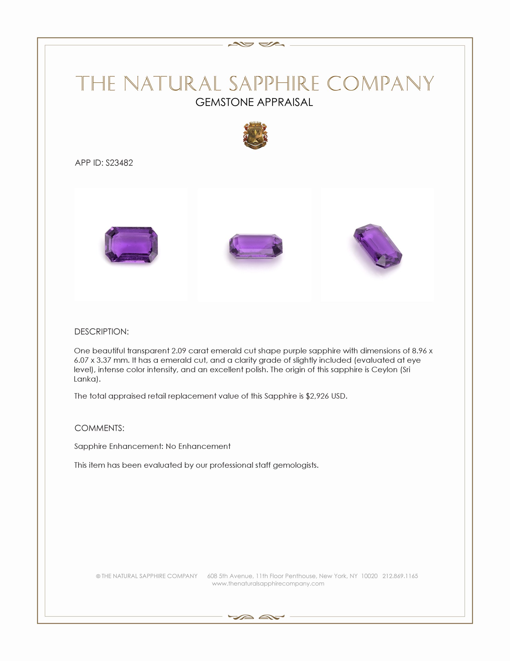 2.09 Ct. Purple Sapphire from Ceylon (Sri Lanka)
