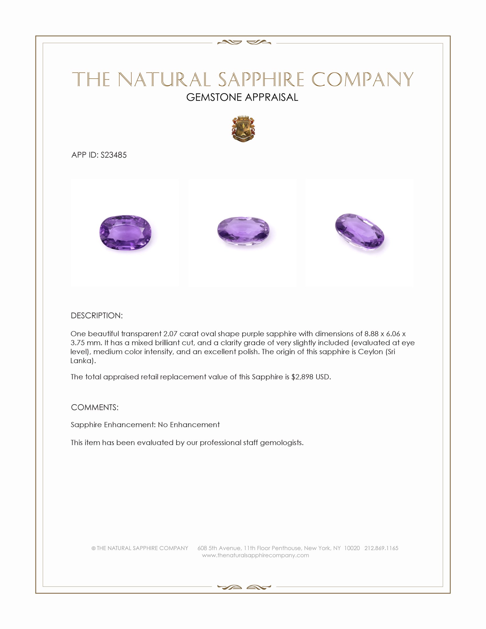 2.07 Ct. Purple Sapphire from Ceylon (Sri Lanka)
